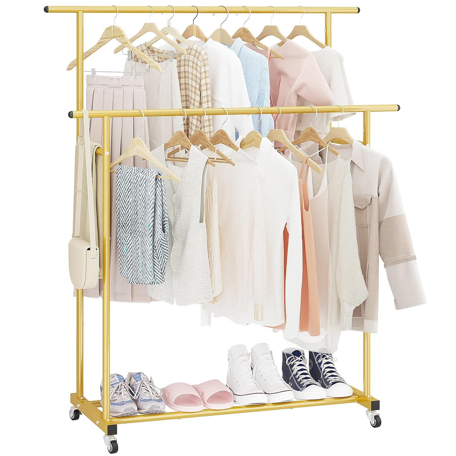 Calmootey Double Rod Clothing Garment Rack,Rolling Hanging Clothes Rack,Portable Clothes Organizer for Bedroom,Living Room,Clothing Store,Gold
