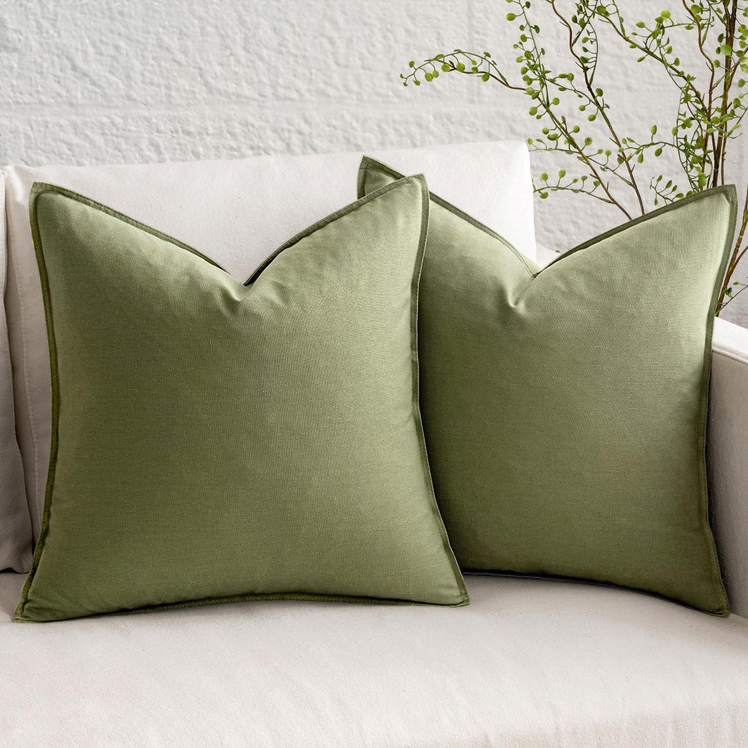 MIULEE Pack of 2 Decorative Linen Pillow Covers 18x18 Inch Olive Green Farmhouse Soild Neutral Throw Pillow Covers Soft Accent Decorative Pillowcases Home Decors for Couch Sofa Bed Living Room