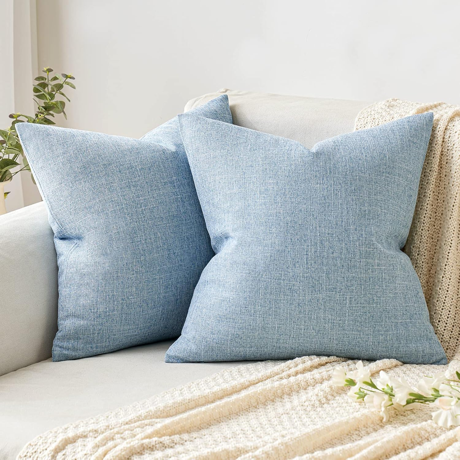 MIULEE Pack of 2 Decorative Linen Burlap Coastal Pillow Covers Farmhouse Boho Accent Pillowcases for Sofa Car Couch Bedroom Living Room Home Decor 18x18 Inch Light Blue