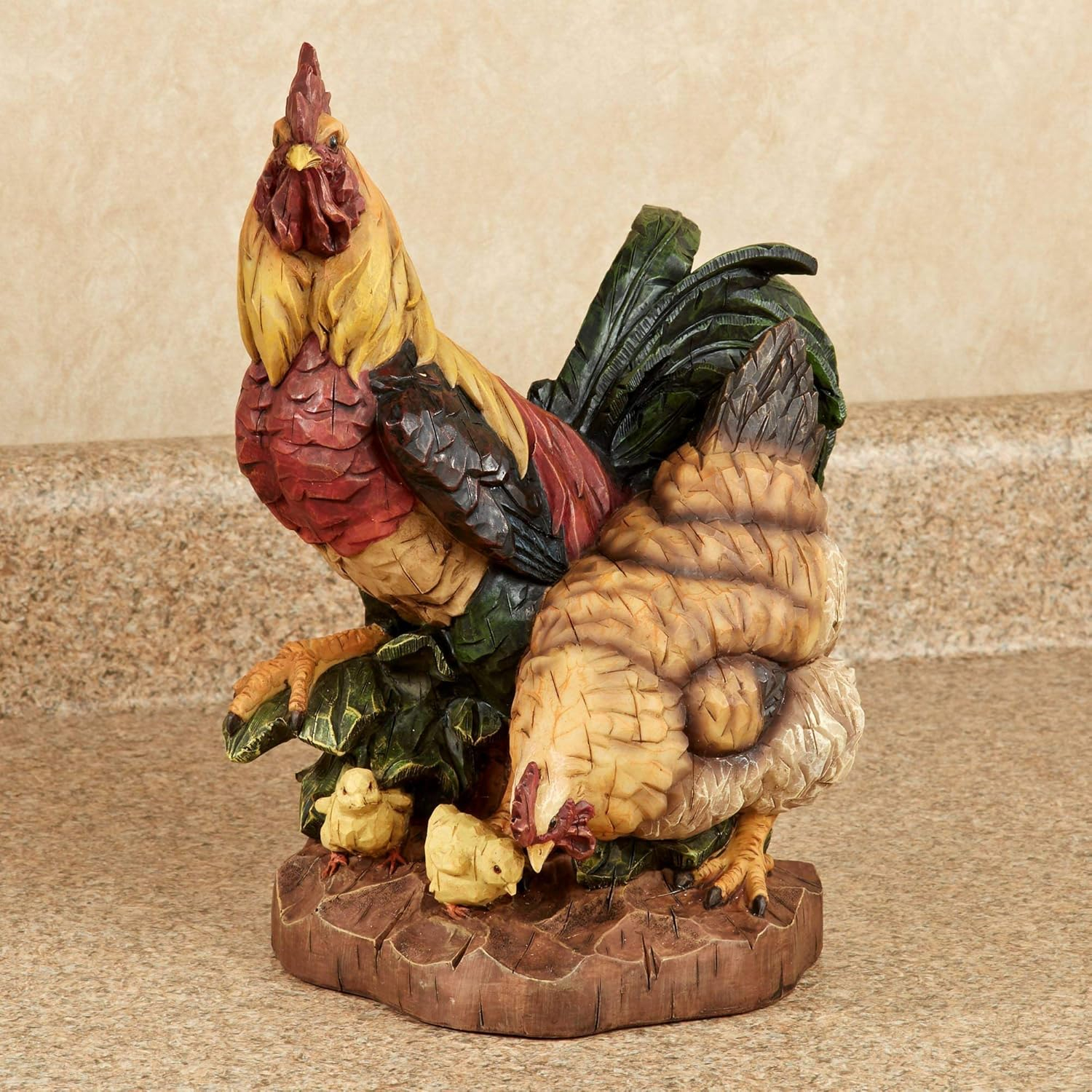 Handcarved Resin Rooster and Hen Family Sculpture in Multicolor