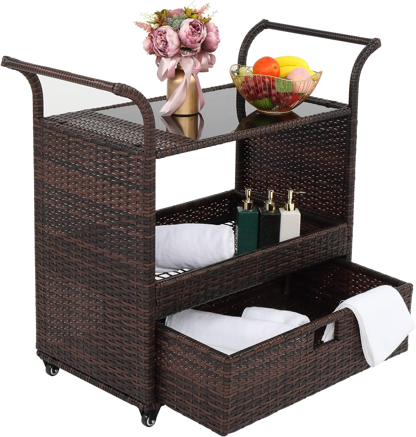 Outvita Outdoor Rolling Wicker Bar Cart, Rolling Rattan Beverage Bar Counter Table with Ample Storage Basket, Drawer and Loakable Wheels Glass Top for Patio Poolside Party
