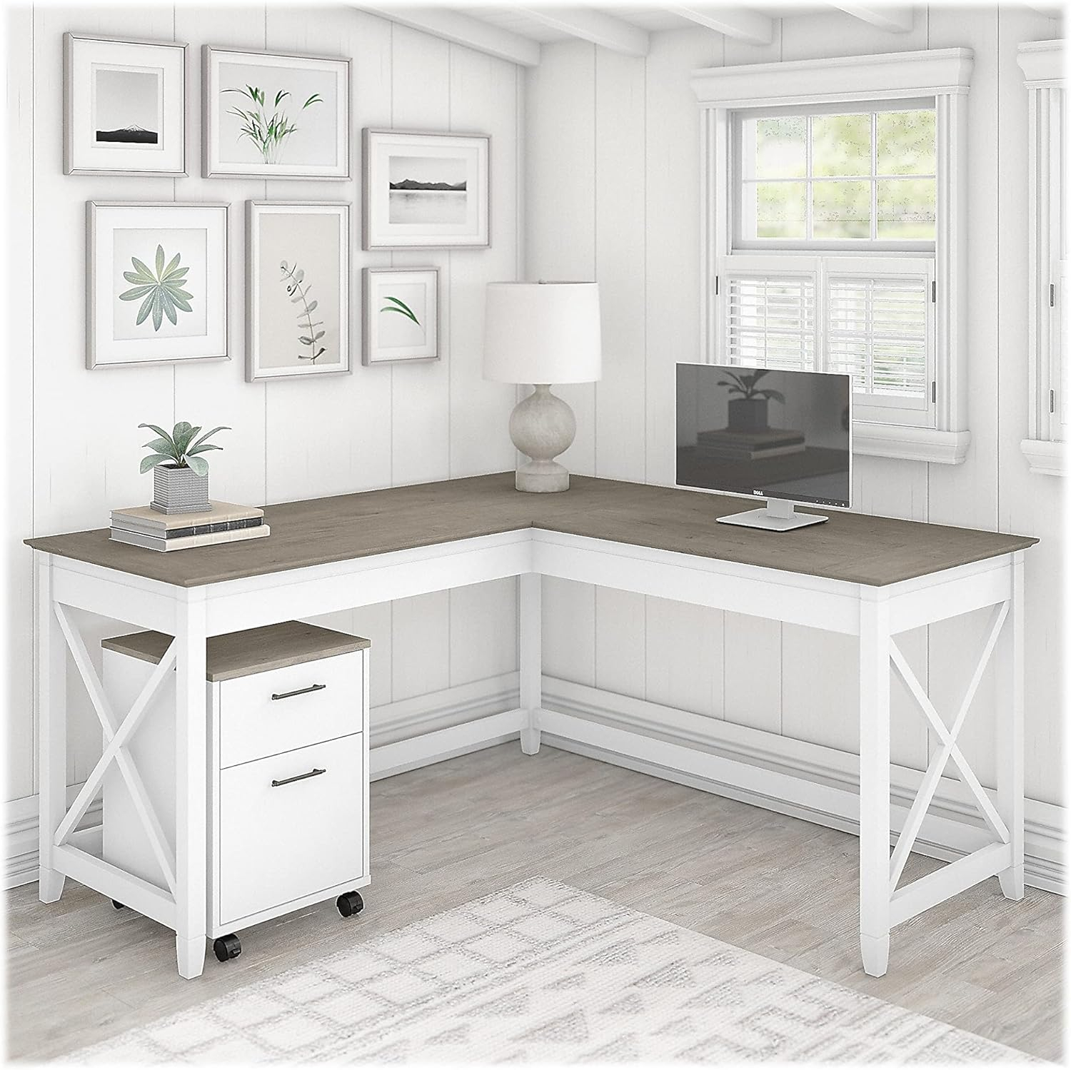 Pure White Engineered Wood L-Shaped Desk with Mobile File Cabinet