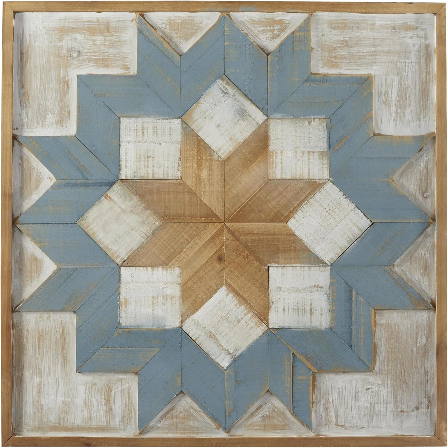 Rustic Blue and Brown Geometric Wooden Wall Sculpture