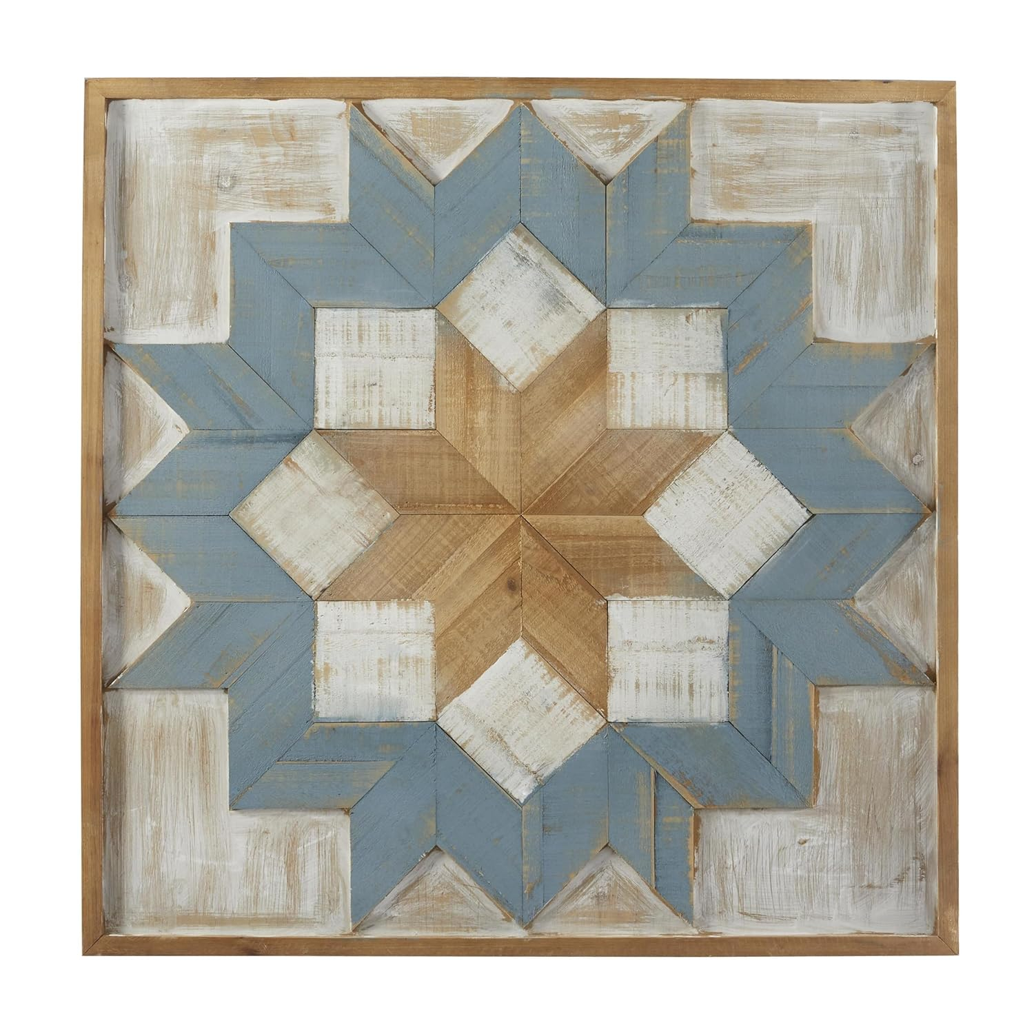 Rustic Blue and Brown Geometric Wooden Wall Sculpture