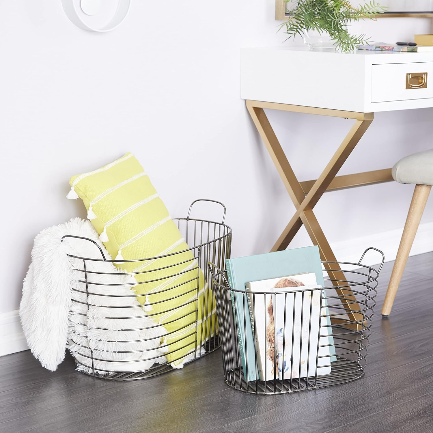 CosmoLiving by Cosmopolitan Metal Round Storage Basket with Handles, Set of 2 21", 17"W, Dark Gray