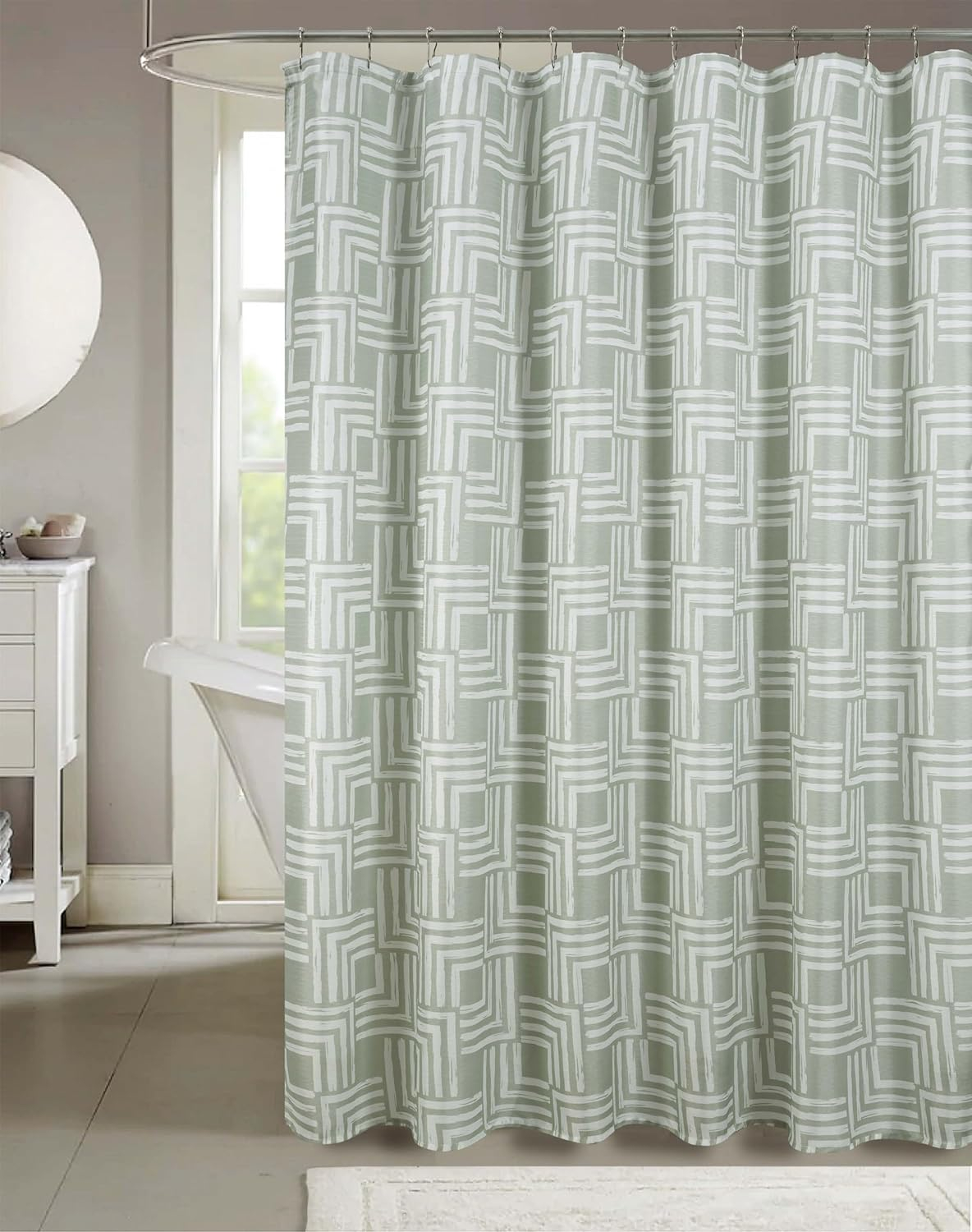 Sage Green and White Geometric Fabric Shower Curtain, 72 x 70 inches