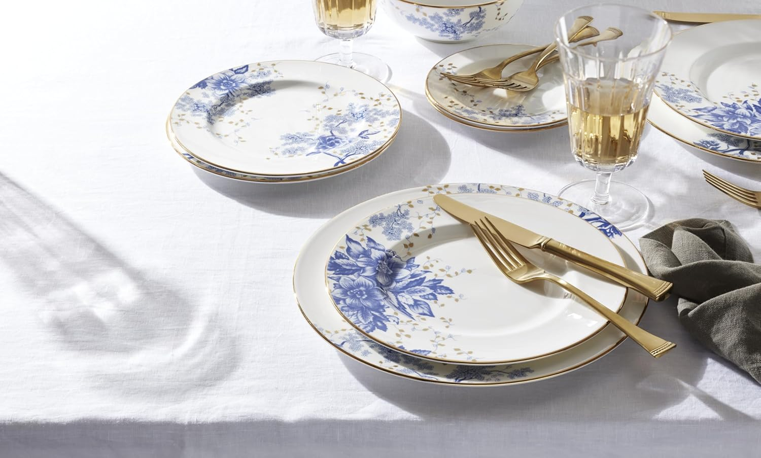 Blue and White Porcelain Salad Plates with Gold Trim, Set of Three