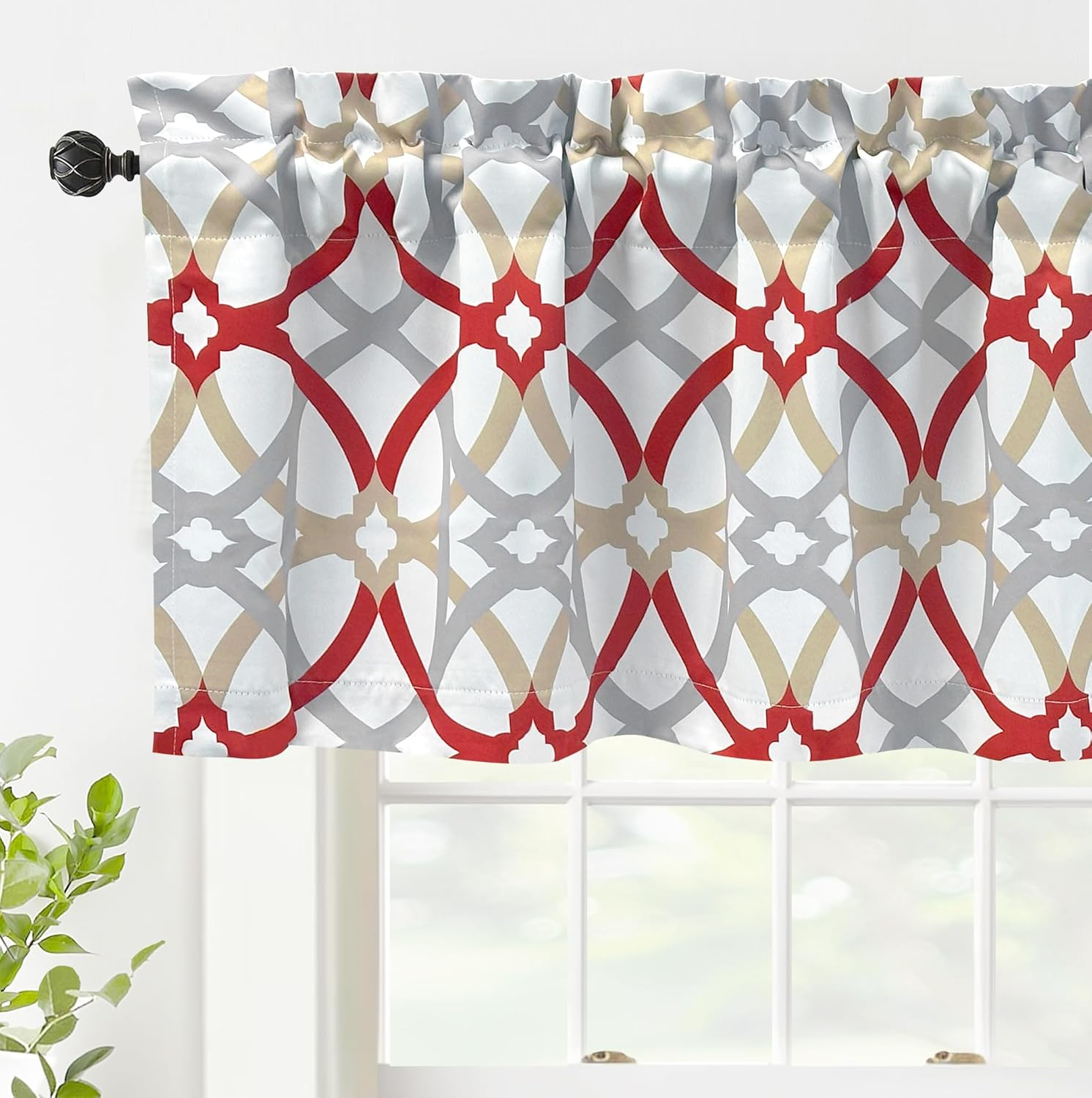 DriftAway Alexander Spiral Geo Trellis Pattern Window Curtain Valance Rod Pocket 52 Inch by 18 Inch Plus 2 Inch Header Red and Gray