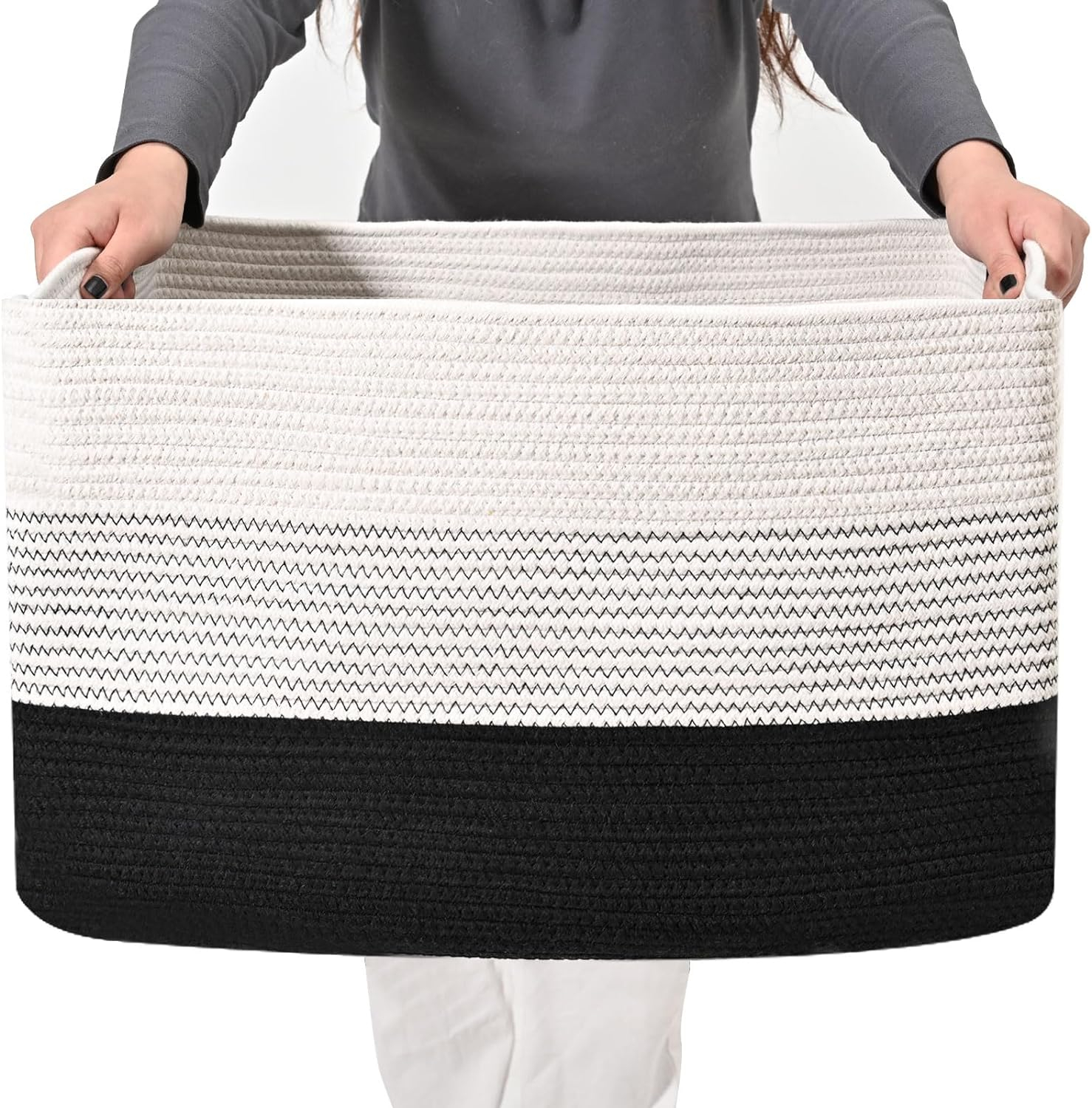 OIAHOMY Large Blanket Basket, Rectangle Woven Baskets for Storage, Nursery Blanket Basket Living Room, Toy Basket with Handle, Large Baskets for Organizing-22”x17”x12”-Gradient Black