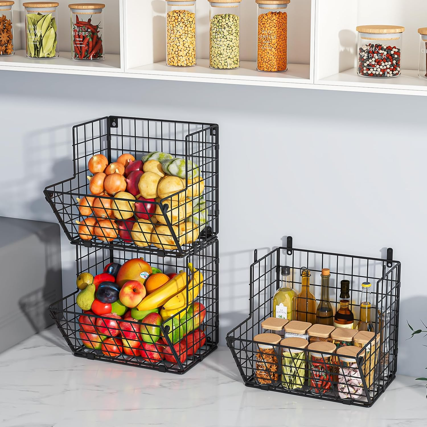 VOMGEB1 3-Tier Wall-Mounted Metal Wire Basket Organizer with 5 S Hooks