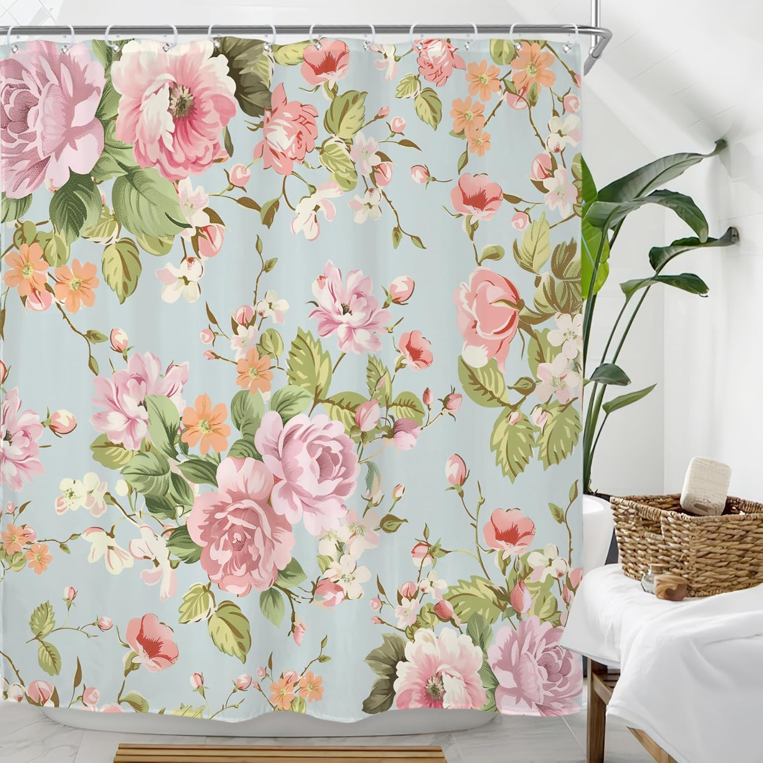 Fabric Pink Flower Shower Curtain for Bathroom 72Wx72H Inch Rose Floral Blooming Green Leaves for Girl Women Bathtub Accessories Decor Rustic Waterproof Fabric Bathroom 12 Pack Hooks WW-NDHC