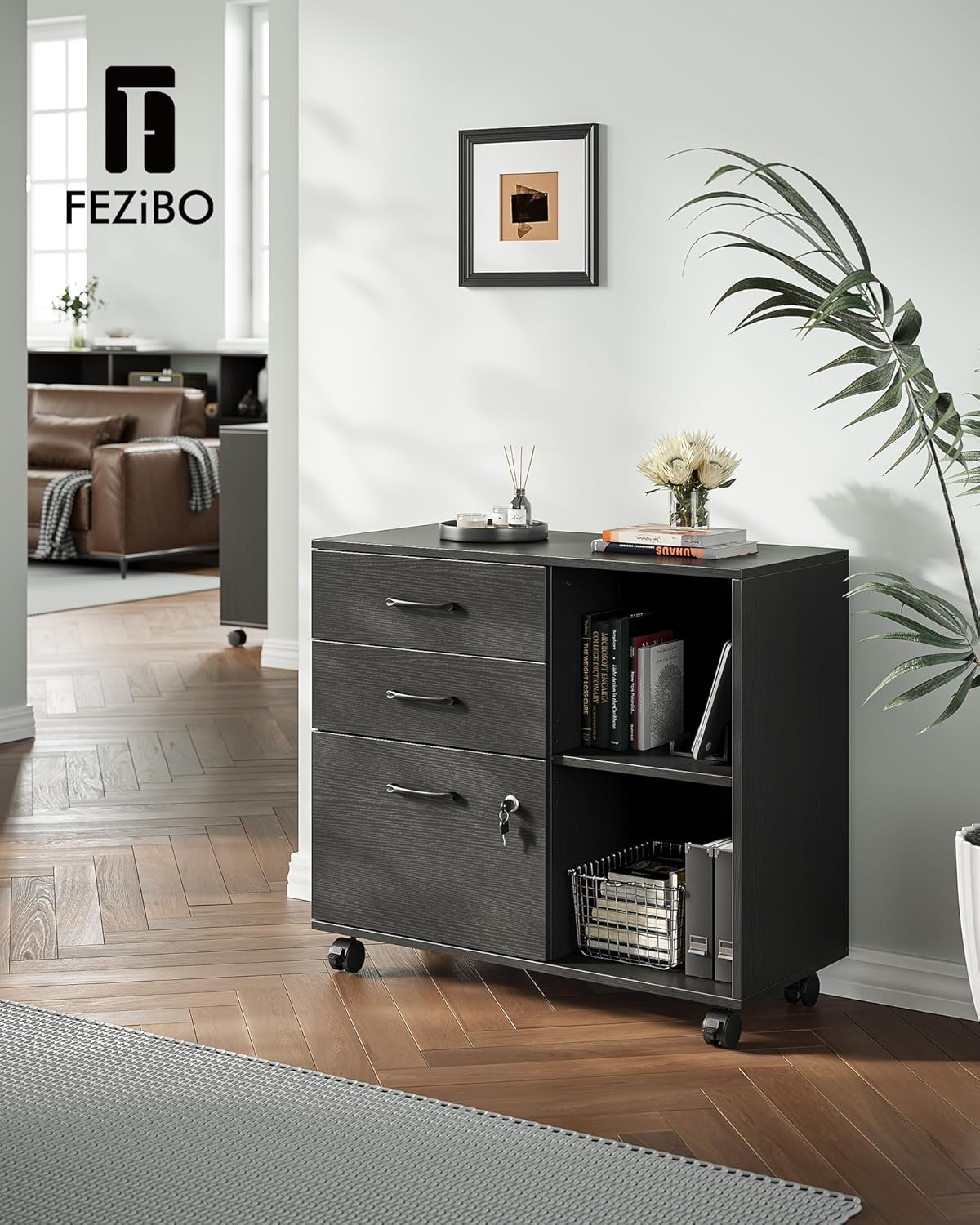3-Drawer Mobile File Cabinet, Lateral Filing Cabinet with Lock, Printer Stand with Open Storage Shelves for Home Office, Filing Cabinets for Home Office, Black