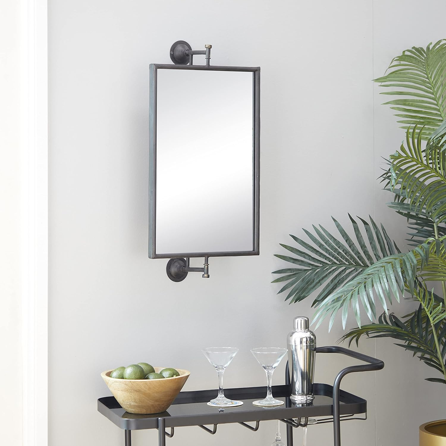 DecMode Industrial Rectangular Metal Wall Mirror with Pull Handle Design and Black Finish, 14"W x 28"H