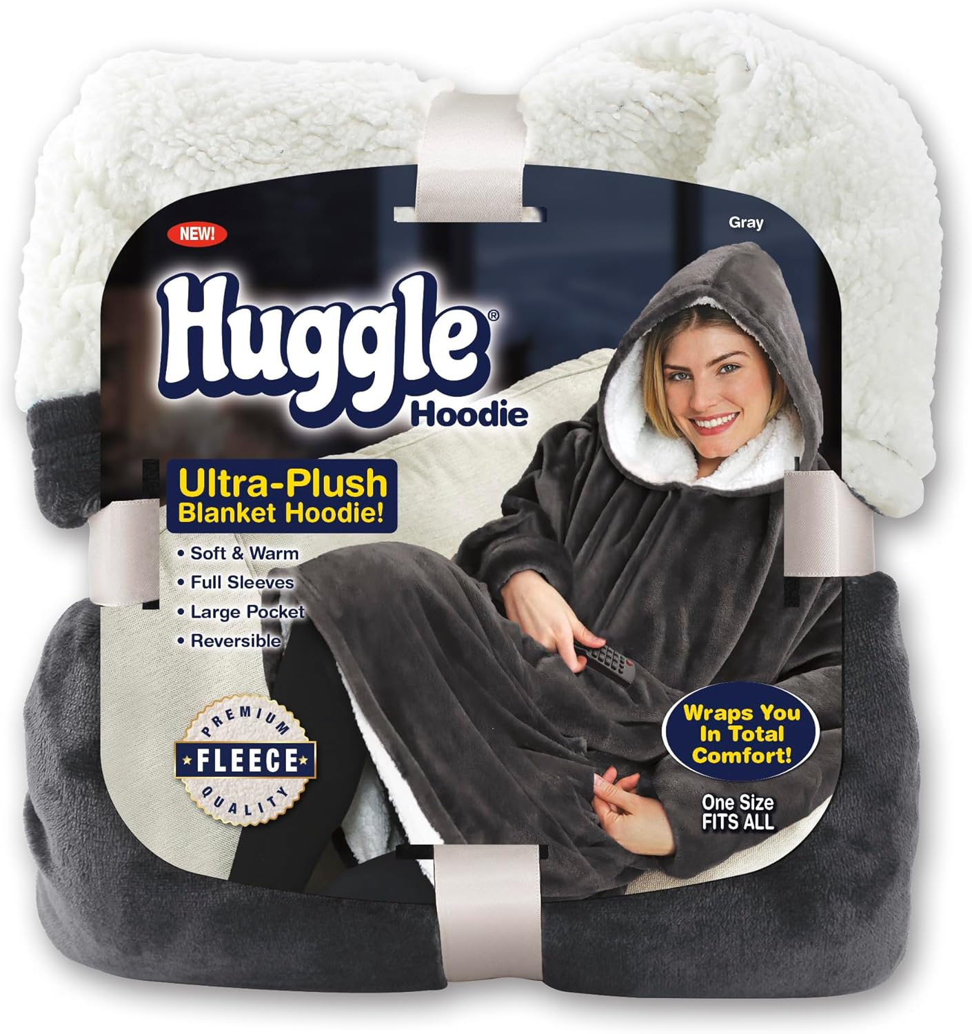 Huggle Blanket Hoodie, Ultra Plush Blanket, Wearable Blanket for Men and Women, One Size, Grey