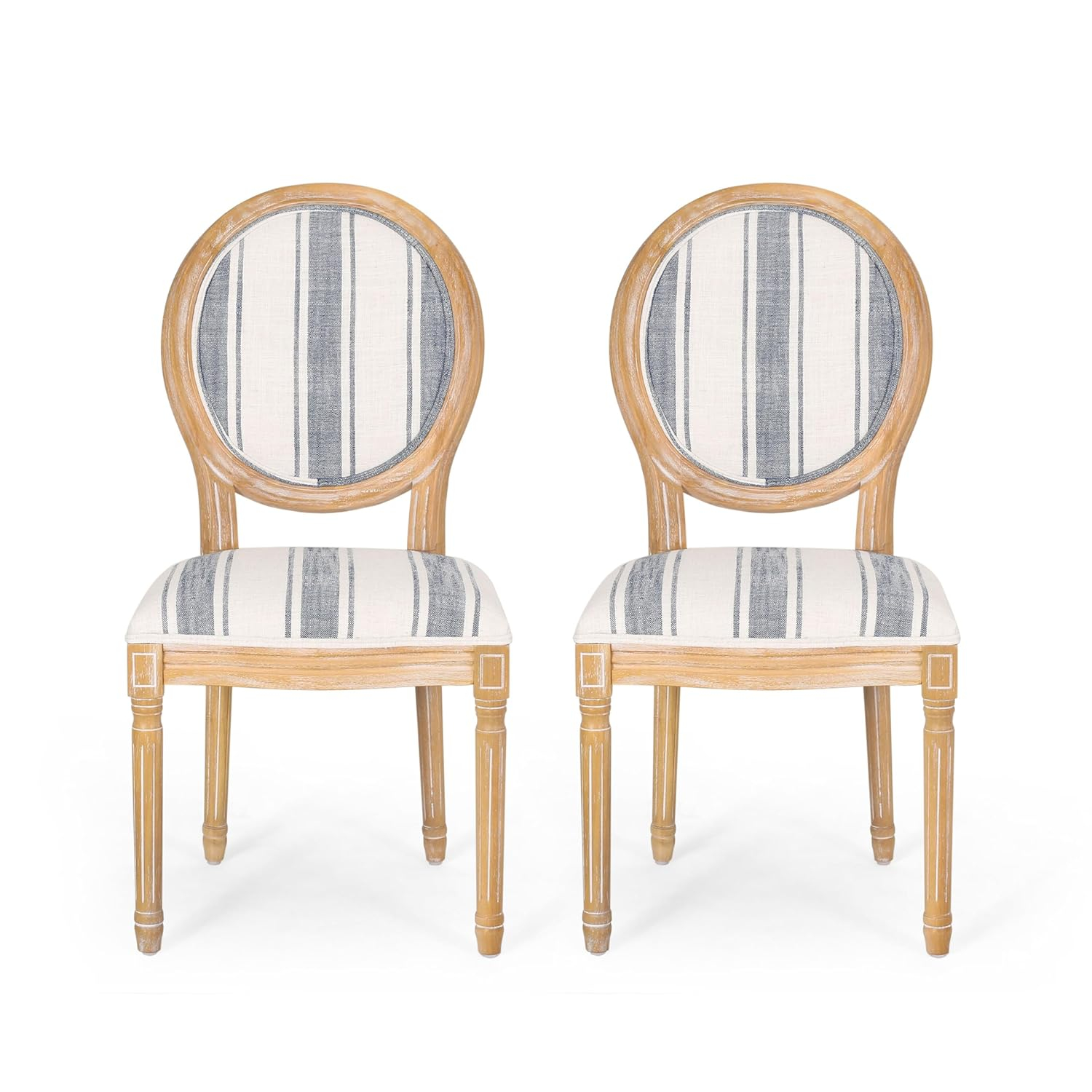 Set of 2 French Country Dark Blue Striped Upholstered Dining Chairs