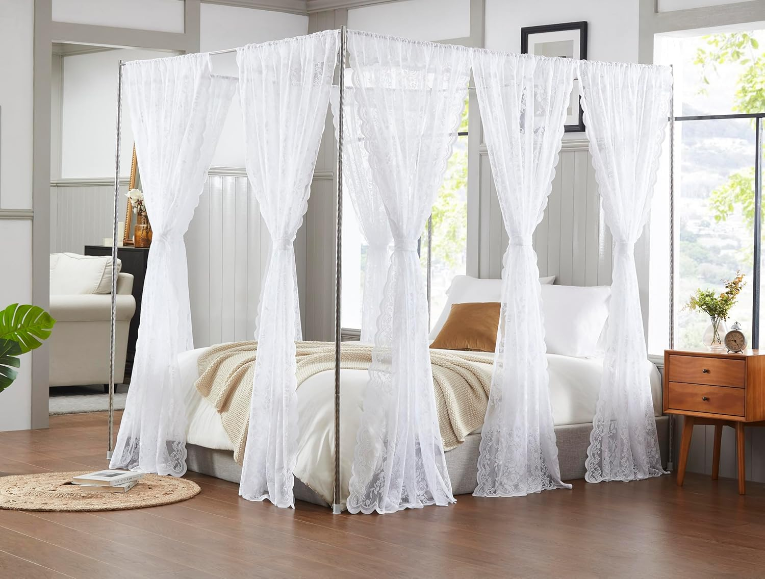 WARM HOME DESIGNS 8 Piece Lace Canopy Bed Curtains Set With Tie-Backs for Queen or King Bed & Reviews | Wayfair