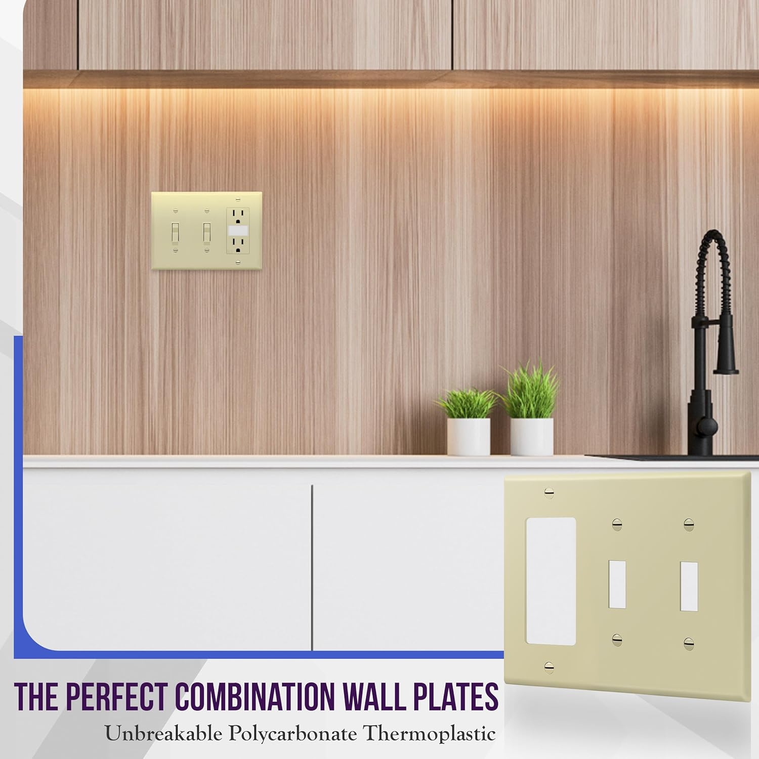 ENERLITES Combination Double Toggle / Single Decorator Rocker Outlet Wall Plate, Standard Size 3-Gang, Polycarbonate Thermoplastic, Ivory
