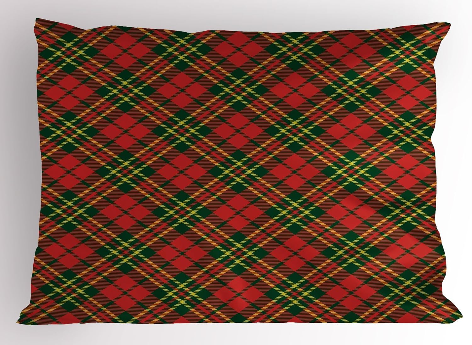 Checkered Pillow Sham Irish Tartan Plaid Motifs in Christmas Colors Geometrical Crossed Stripes, Decorative Standard Size Printed Pillowcase, 26 X 20 Inches, Red Emerald Yellow, by Ambesonne