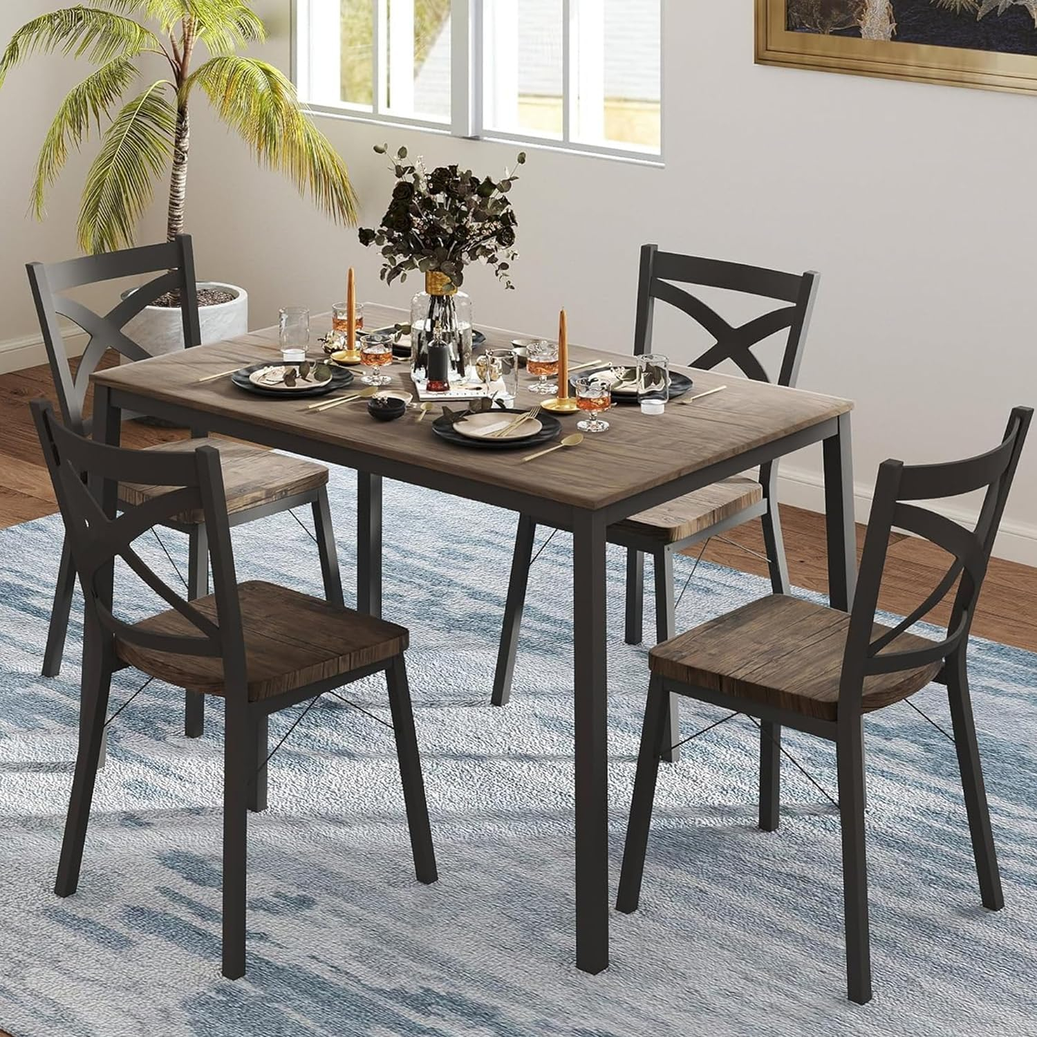 5 Piece Dining Table Set Kitchen Table and Chairs for 4 Industrial Style Dining Room & Kitchen,1 Table & 4 Chairs,Stainless Metal Frame