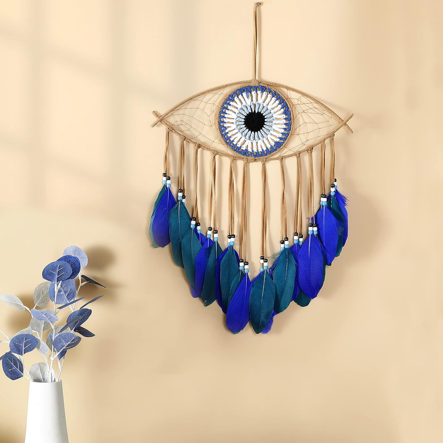 Handmade Blue Evil Eye Dream Catcher with Feathers