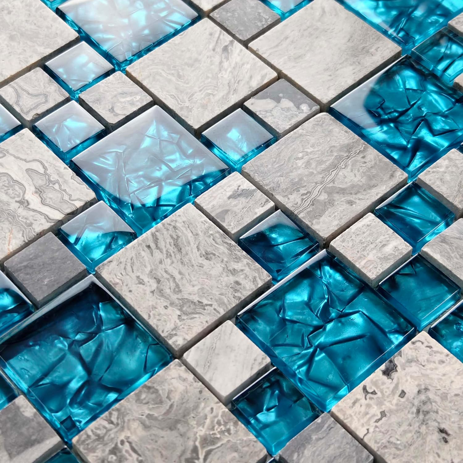 Premium Teal Blue Crystal Glass & Grey Stone Tile Modern Bathroom Shower Wall Versaille Patterns Mosaic for Kitchen Fireplace Decor (3"x12" Sample)