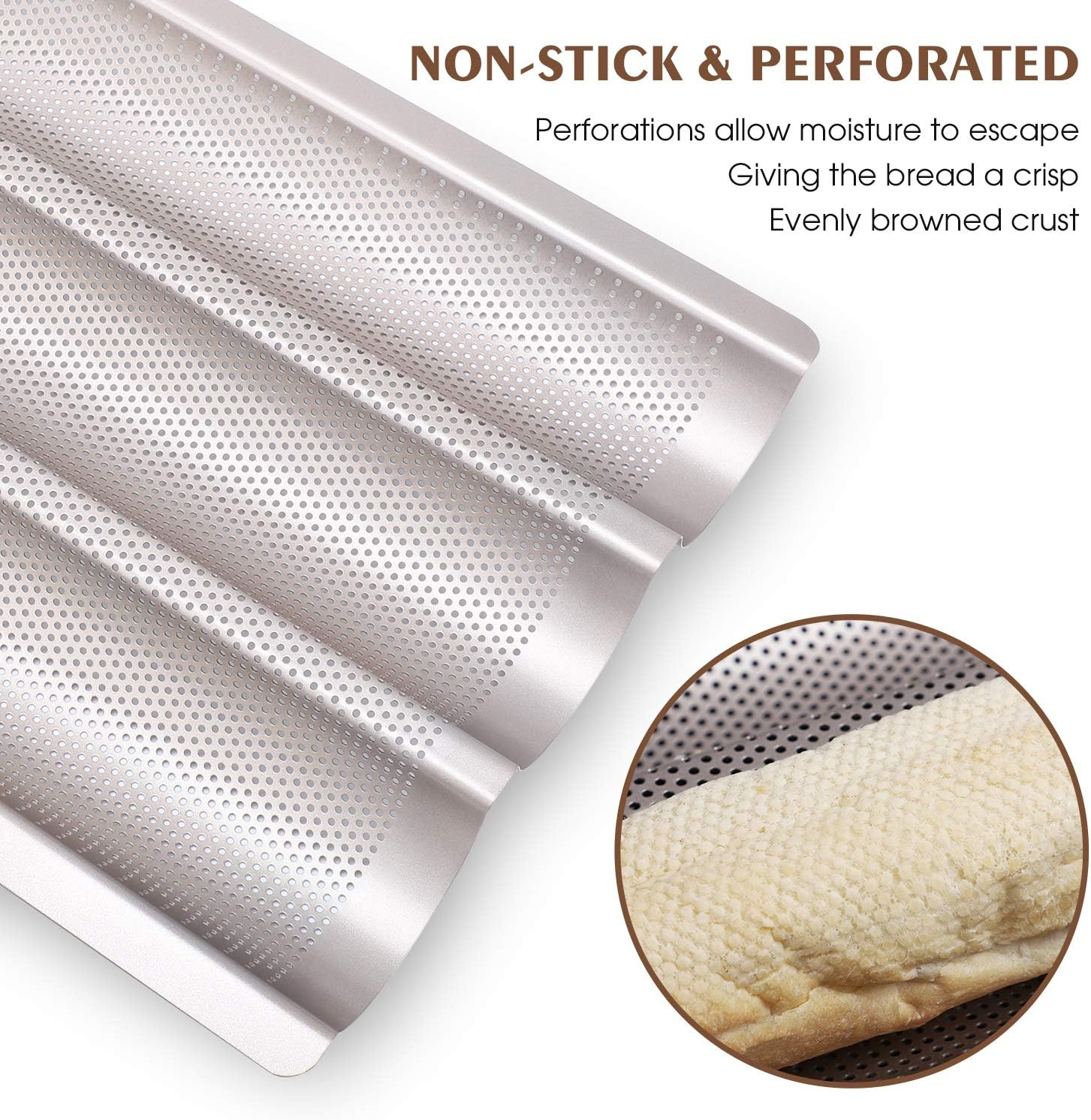 Baguette Pan, French Bread Pans For Baking Pan, Nonstick 3 Slots Perforated Italian Loaf Pan Mold Long French Bread Pan,Golden