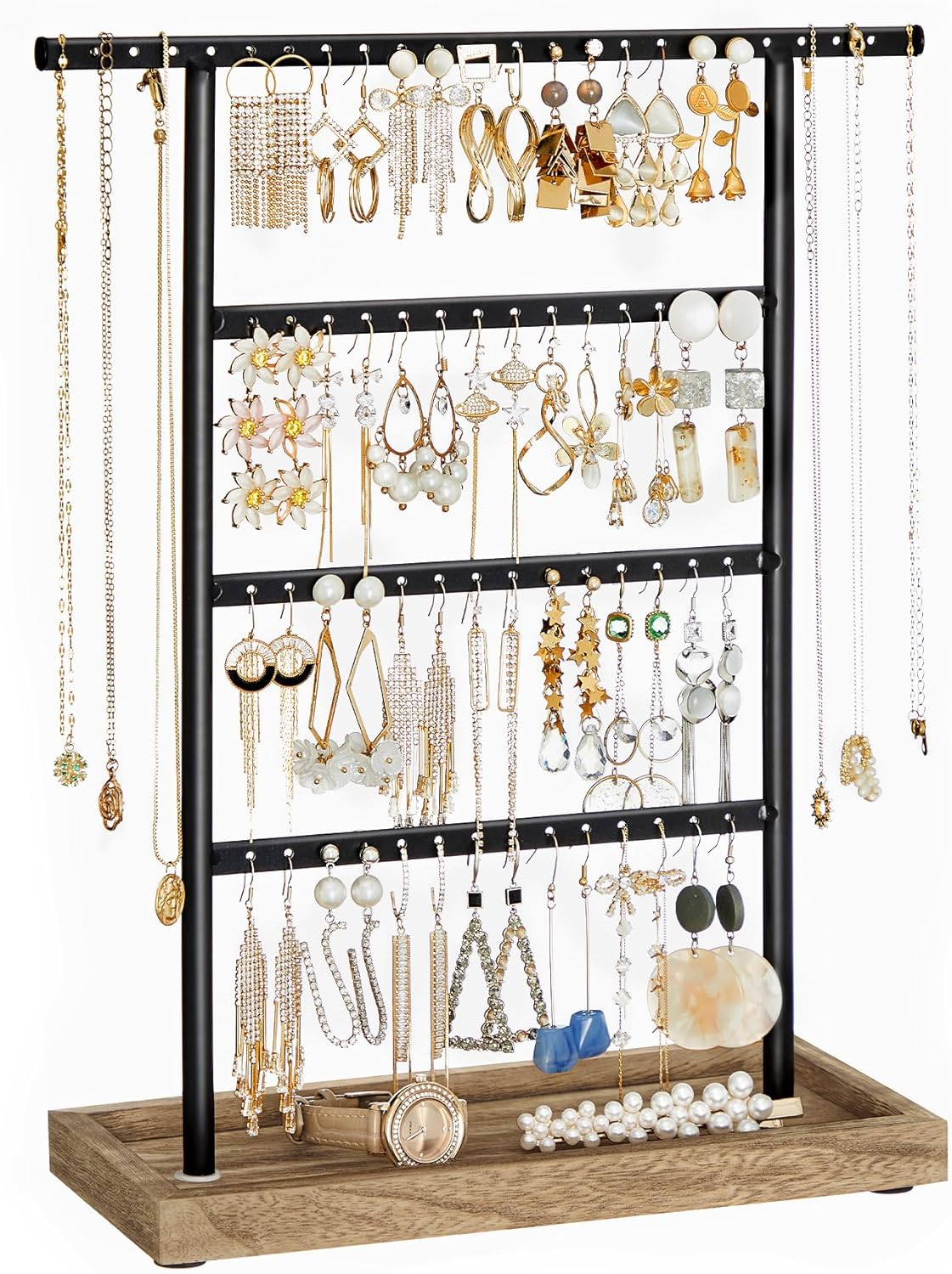 SONGMICS Jewelry Organizer, 4-Tier Earring Holder Organizer Stand with Base Tray, for Studs and Necklaces, Vintage, Wood Color and Black UJJS019B01