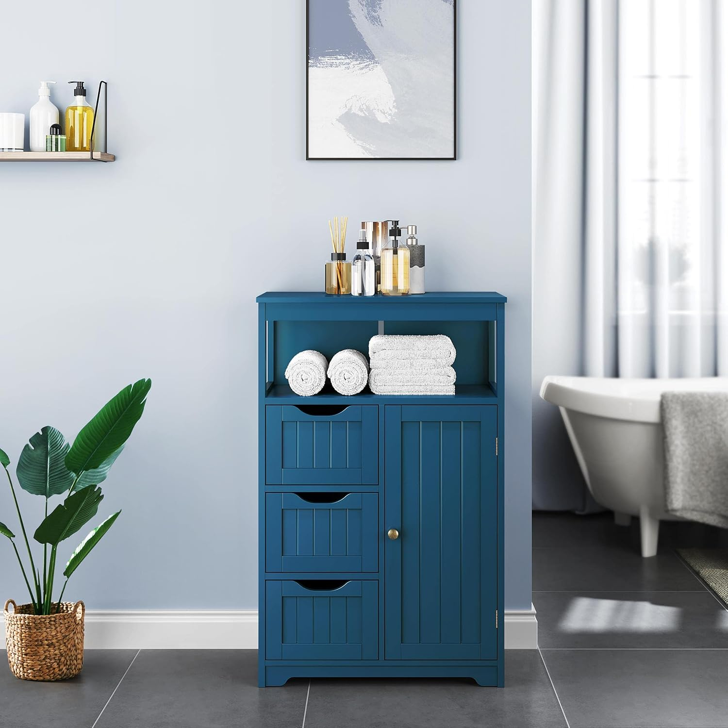 Topeakmart Wood Bathroom Floor Cabinet, Free Standing Storage Cabinet with 3 Drawers and Cupboard for Hallway/Entryway/Living Room Accent Furniture, Navy Blue
