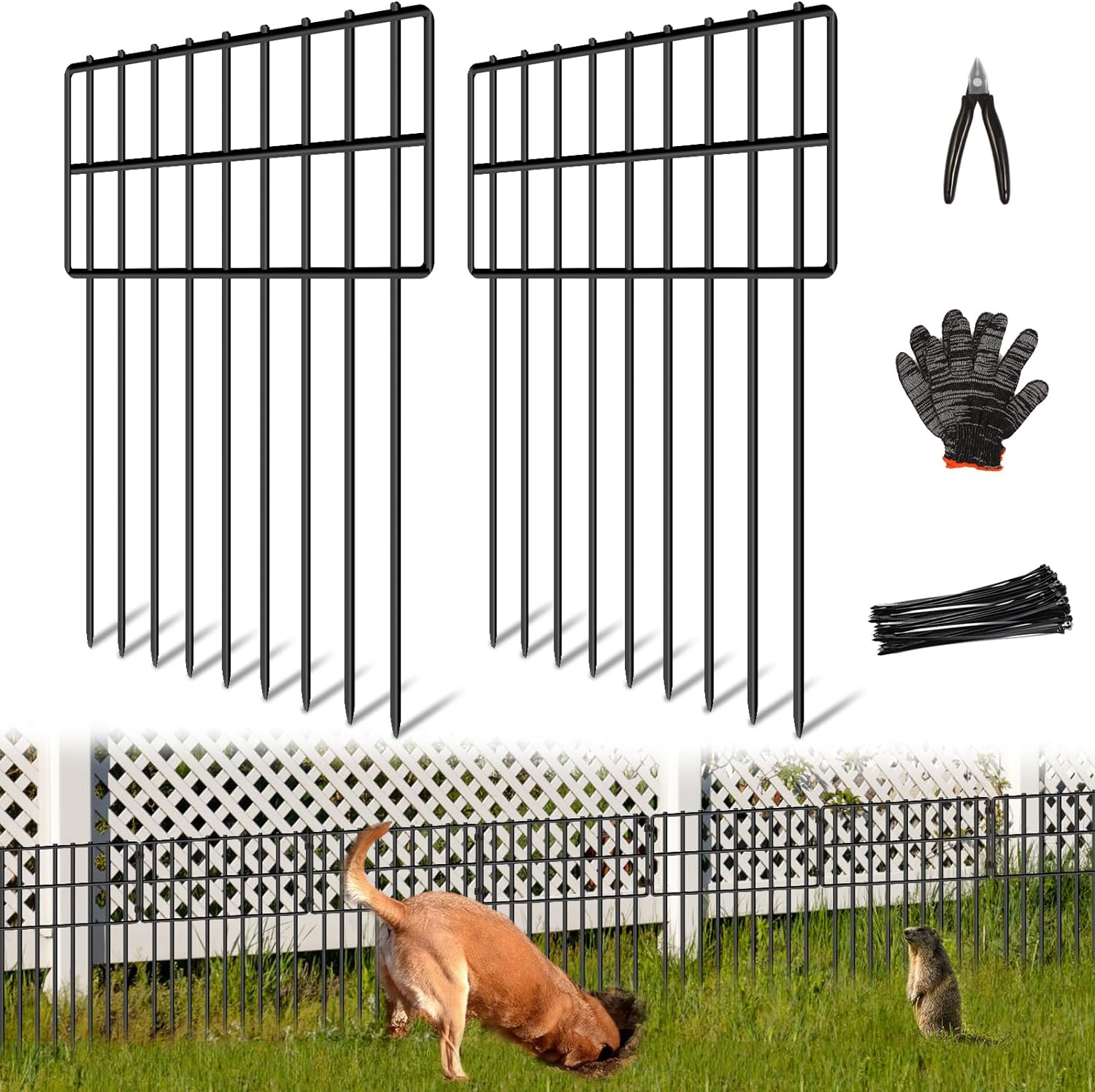 10 Panels Garden Fencing Animal Barrier, 17in (H) X 10.8ft (L) Dog Dig Fence Barrier, 1.25in Gap Rustproof Metal Stakes Decorative Garden Fence, Ground Defense Border Fence for Outdoor, Yard, Patio