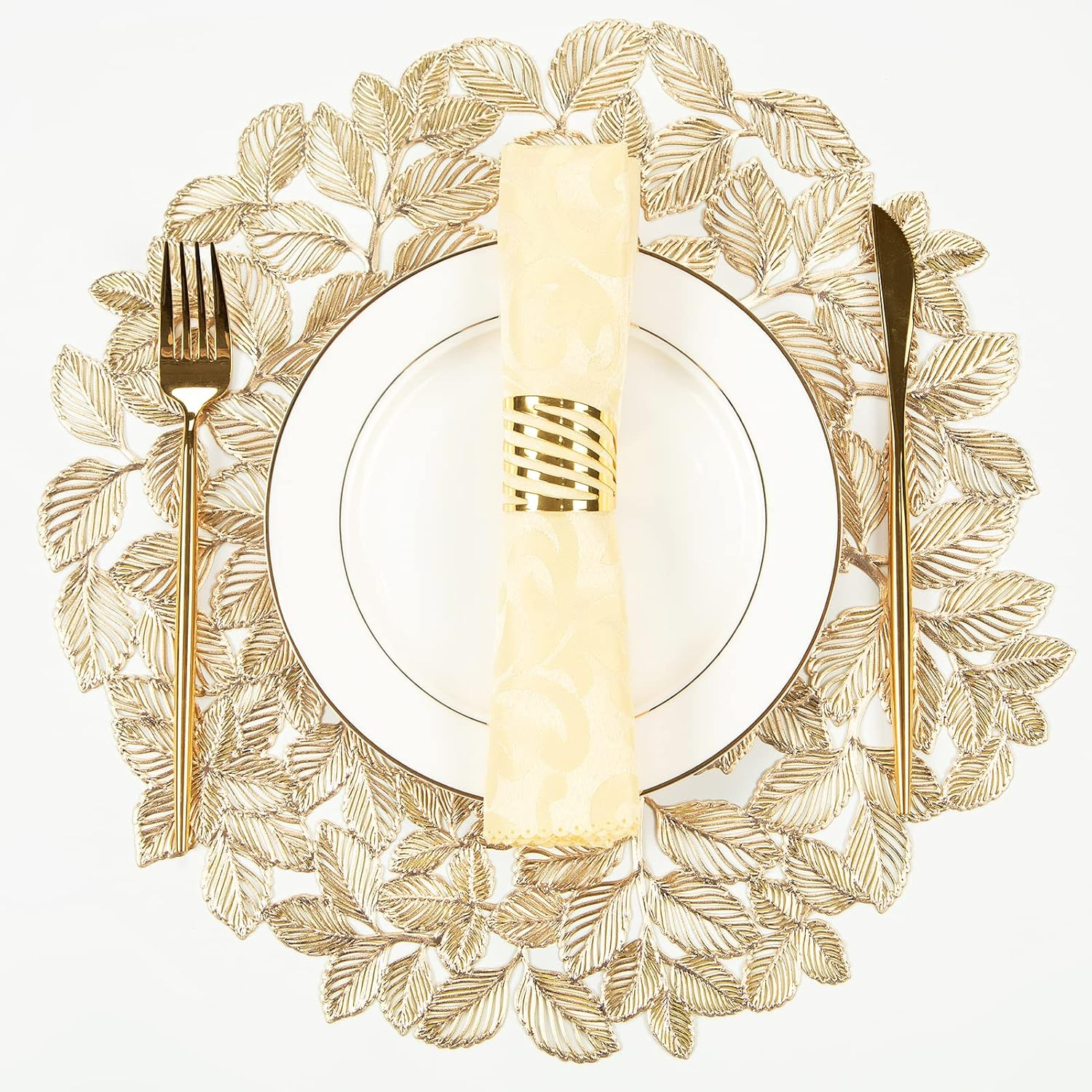 Metallic Placemats Set of 6 Gold Leaf Round Placemats Non-Slip Wipeable Table Mats for Dinner,Party,Wedding Accent Centerpiece