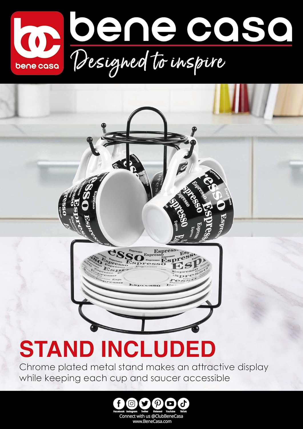 Bene Casa Porcelain 9 Piece Espresso Set with Iron Stand