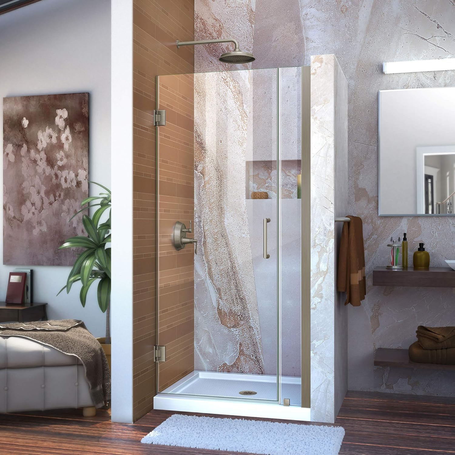 Unidoor Frameless Hinged Shower Door with Clear Glass and Black Hardware