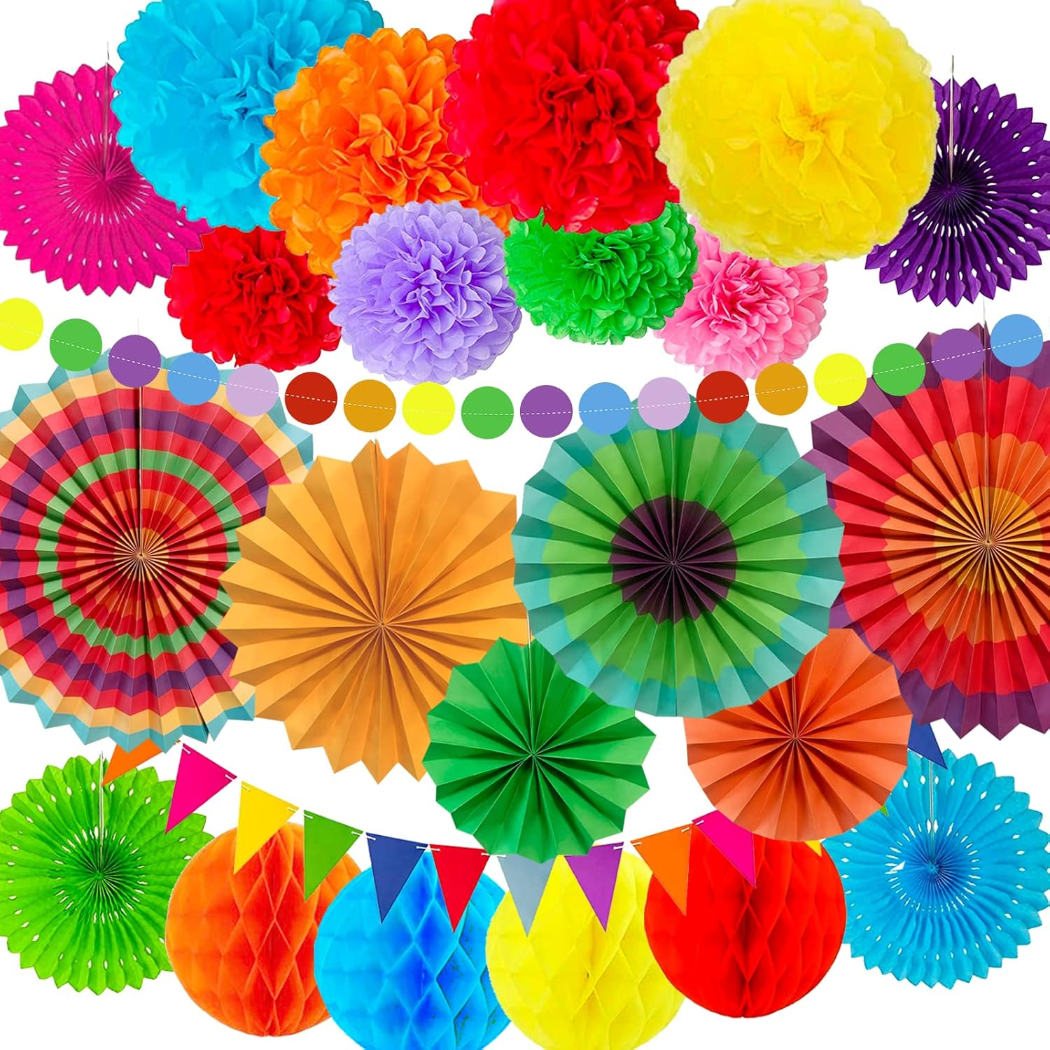 Fiesta Paper Fan Party Decorations Set, 24pcs Colorful Paper Fans, Hollow Paper Fans, Tissue Paper Pom Poms, Honeycomb Balls, Dot Garland for Fiesta Party, Birthday Wedding or Mexican Party
