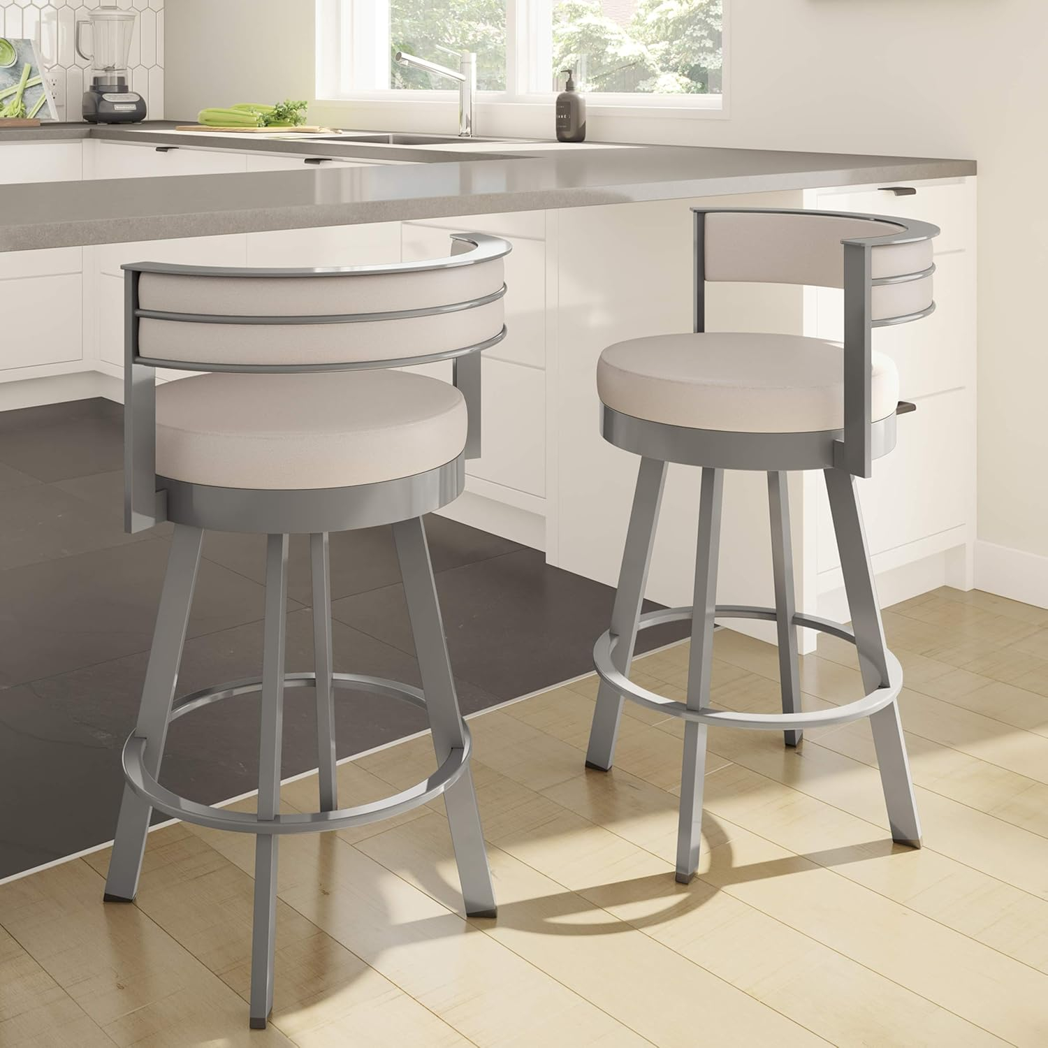 Amisco Browser 26 In. Swivel Counter Stool - Cream Faux Leather / Metallic Grey Metal