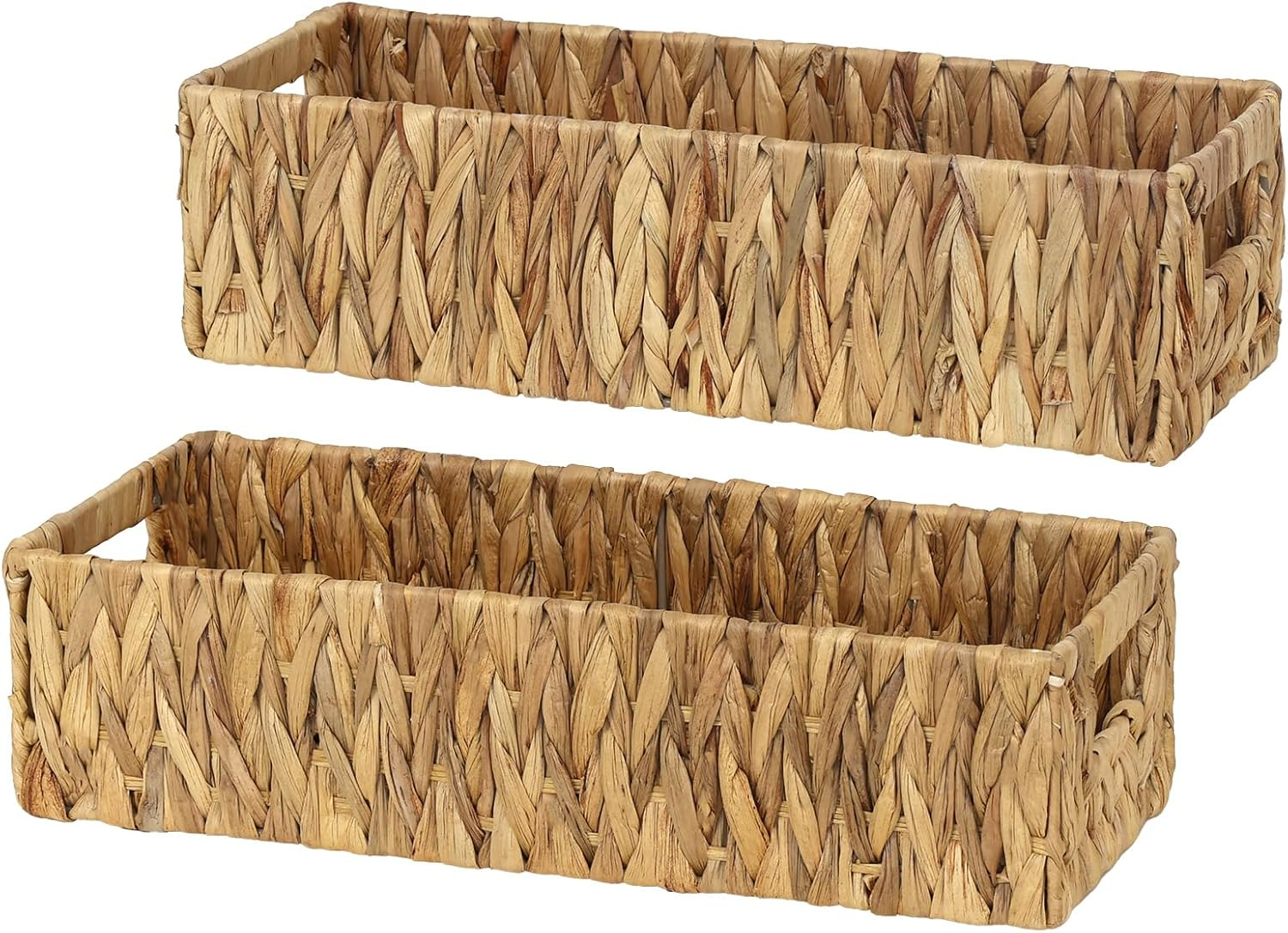 INDSUMOT Set of 2 Bathroom Storage Baskets, Natural - Water Hyacinth, 16" W x 6.75" D x 4.25" H, Woven Toilet Tank Topper Bins for Organizing Tissues, Toilet Paper, Toiletries, Shelves