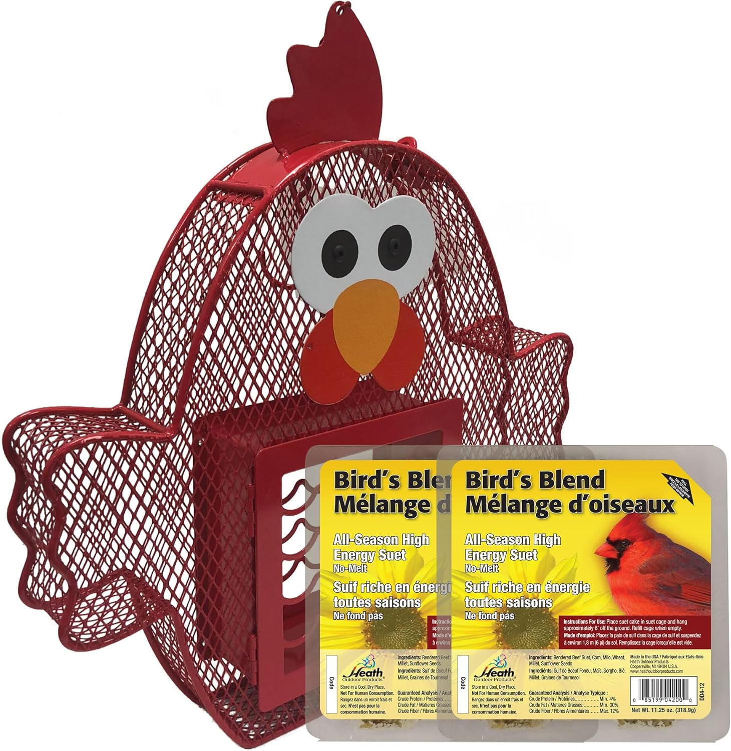 Heath Whimsical Chicken Suet 'n Seed Bird Feeder for Sunflower Seeds with 2 Free Bird's Blend Suet Cakes Included