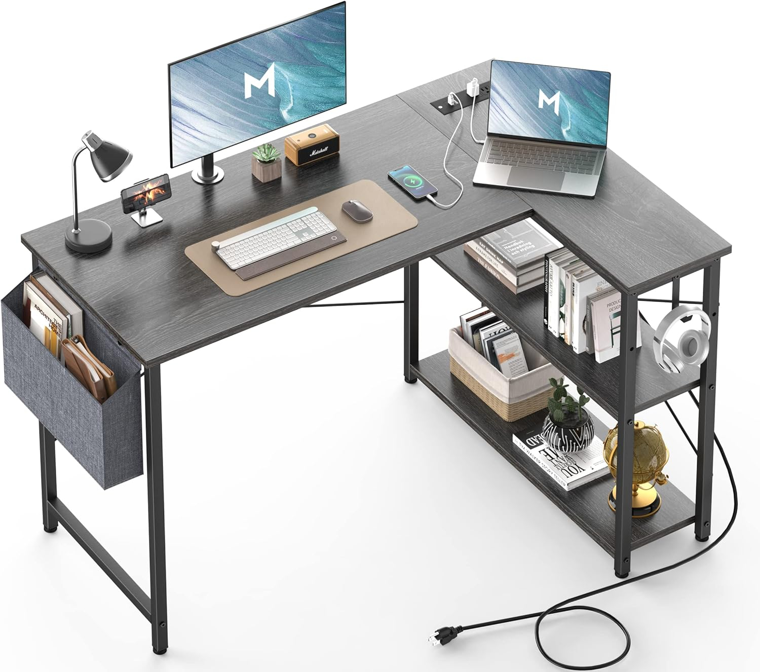 Mr IRONSTONE L Shaped Desk with Outlets & USB Ports, Reversible 47 Inch Office Desk, Corner Desk for Small Space, Home Office Desk with Storage Bag & Hook, Black
