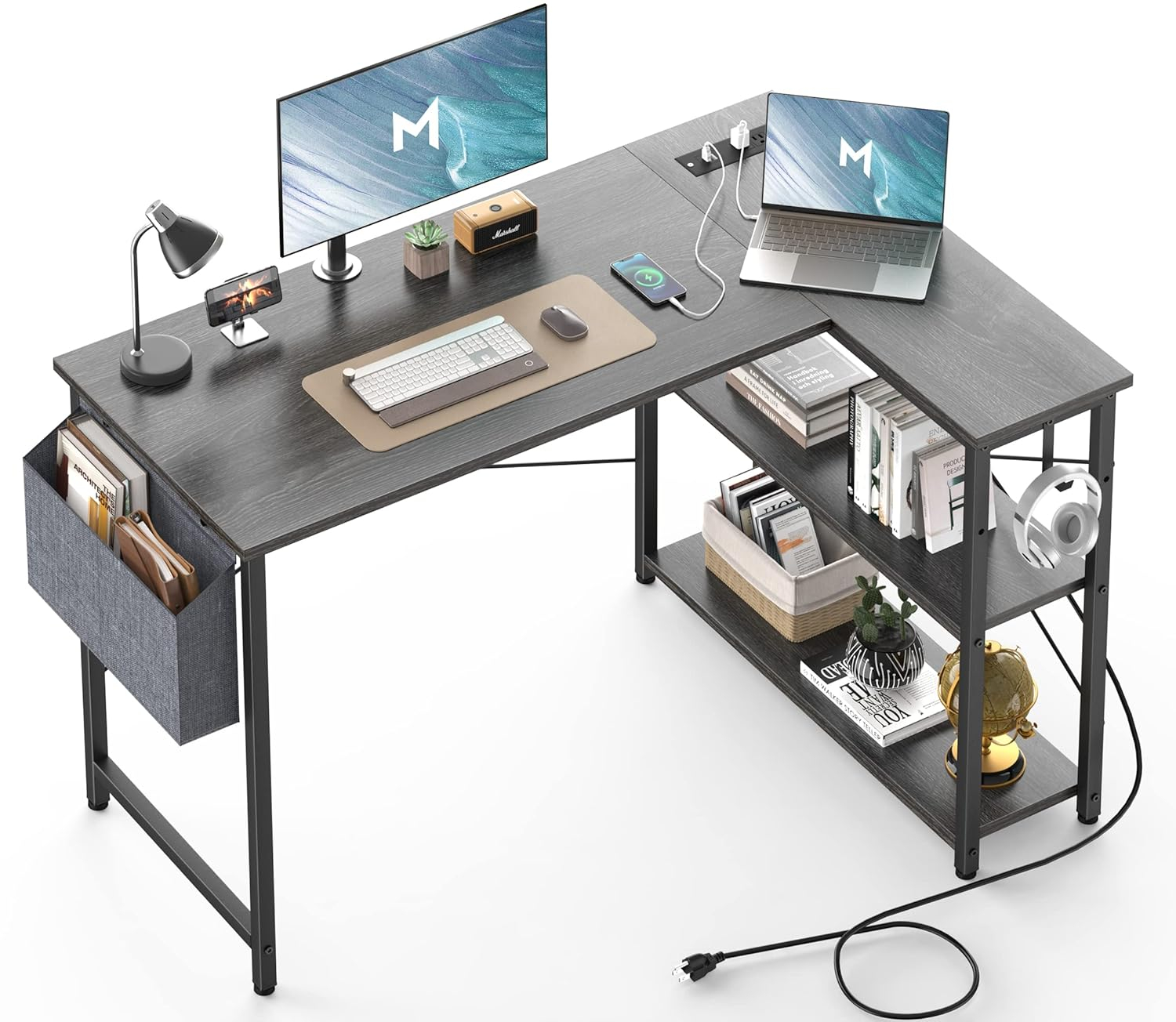 Mr IRONSTONE L Shaped Desk with Outlets & USB Ports, Reversible 47 Inch Office Desk, Corner Desk for Small Space, Home Office Desk with Storage Bag & Hook, Black