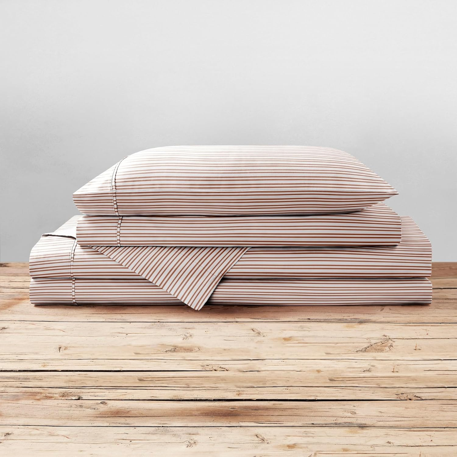 Brielle Home Printed 100% Cotton Percale Sheet Set, Spice Pinstripe, Twin
