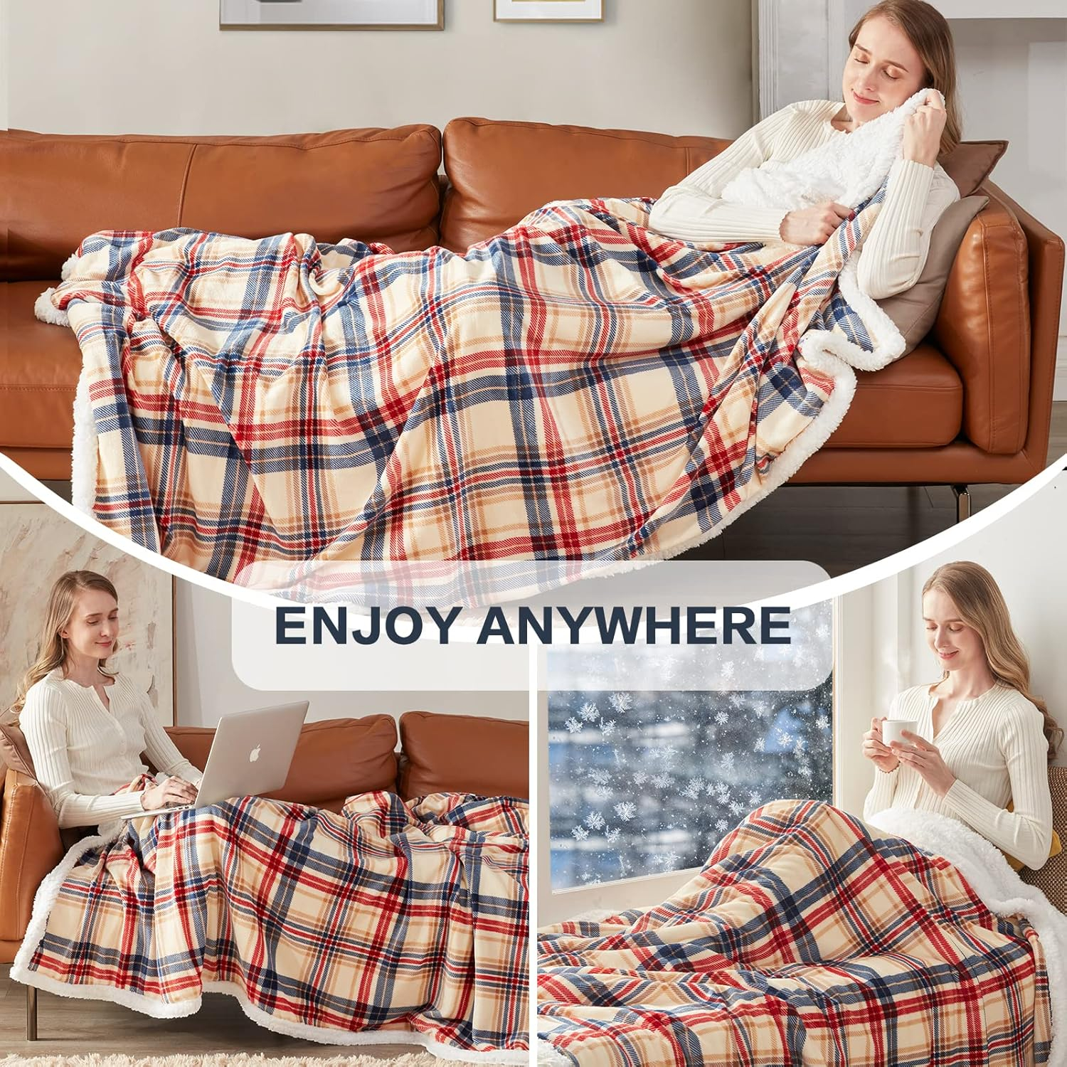 inhand Sherpa Throw Blanket Plaid Checkered Warm Blanket for Couch, Bed, Sofa Reversible Fluffy Flannel Fleece Blanket and Throw for Adults, Women, Men, Ideal for Christmas (Dark Red, 50”x 60”)
