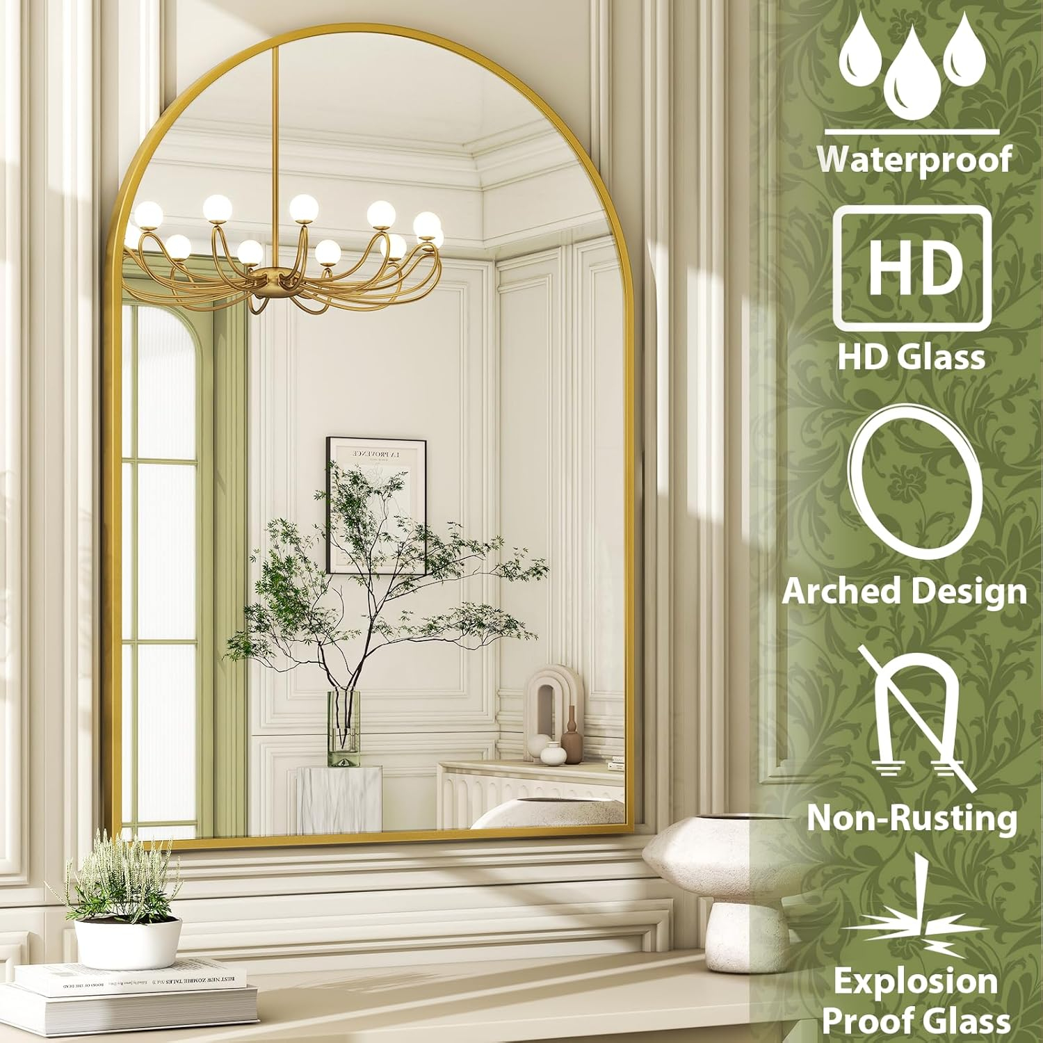 Gold Arched Wall Mounted Aluminum Bathroom Mirror