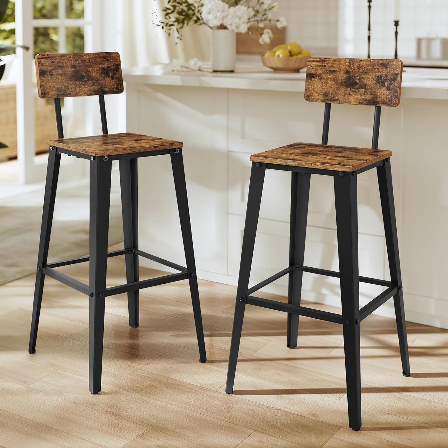 VASAGLE 2 Pack Bar Stools, Bar Height Stools, Tall Bar Stools with Back, Rustic Brown and Black