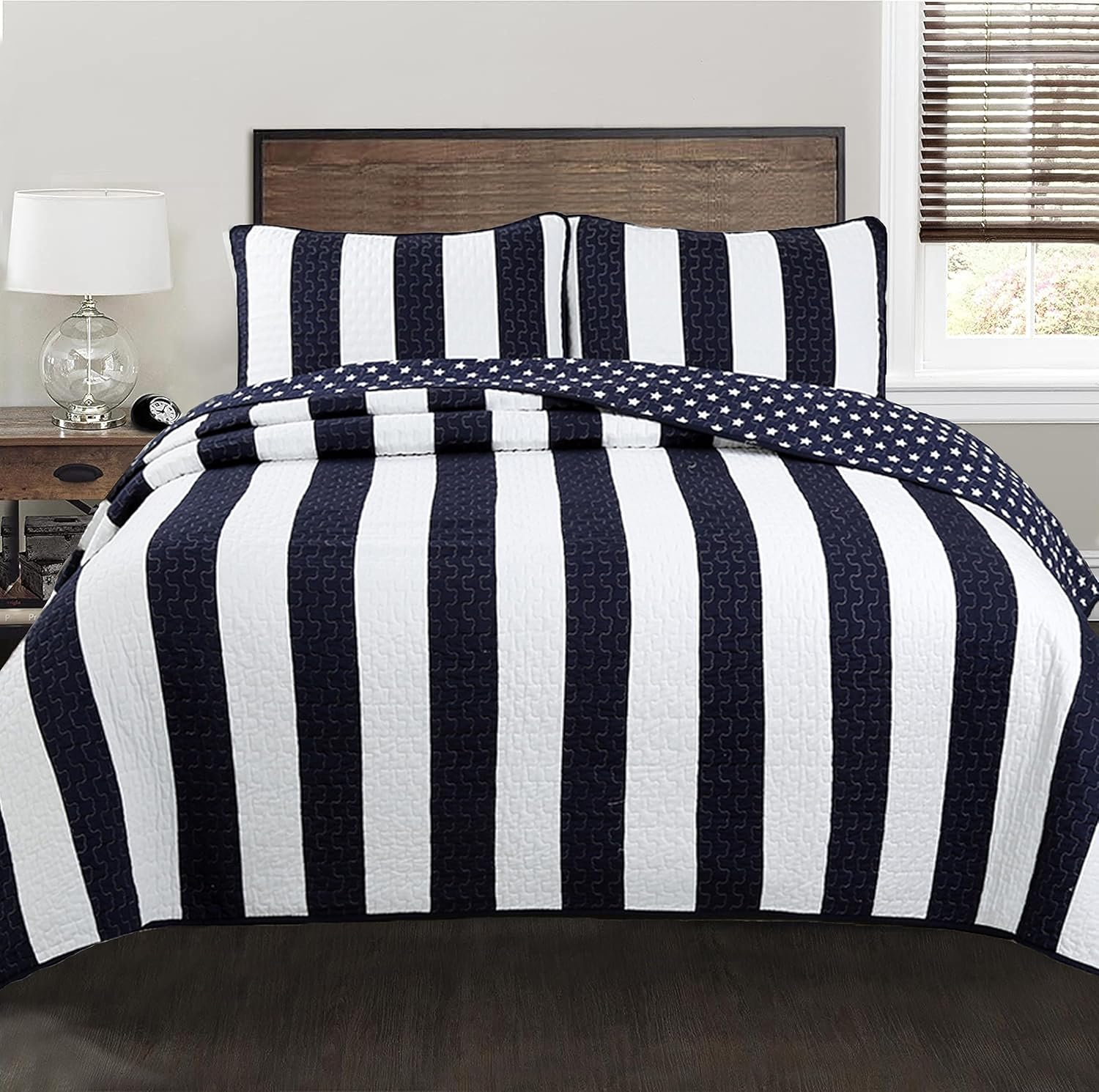 Navy Blue and White Striped Microfiber King Quilt Set