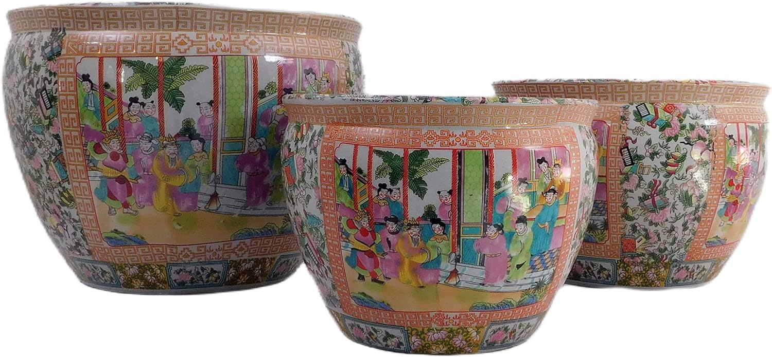 Hand Painted Chinese Porcelain Round Plant Pot, 12-inch
