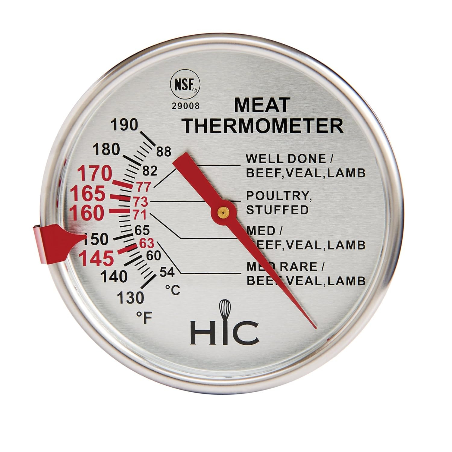 HIC Roasting Meat Thermometer, Oven Safe, Large 3-Inch Easy-Read Face, Stainless Steel Stem and Housing