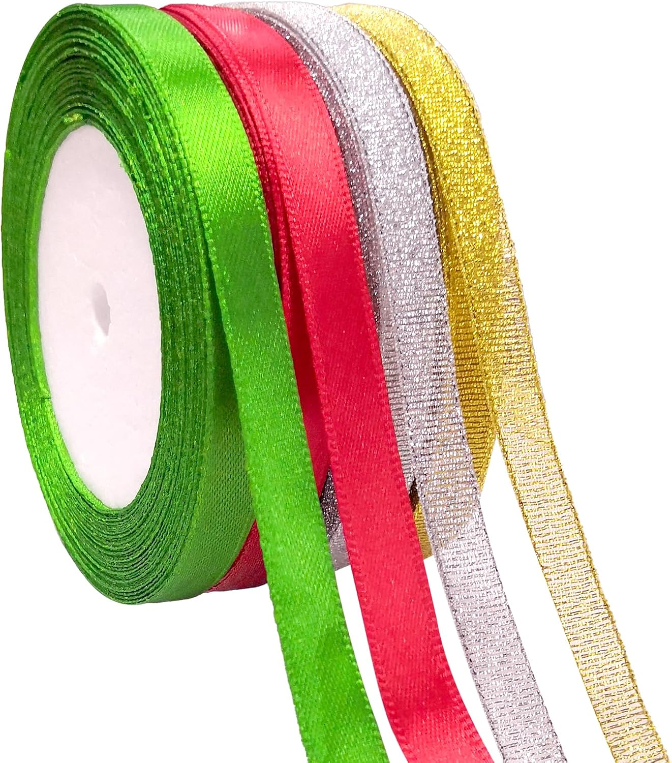 DECYOOL 4 Rolls 100 Yards Christmas Ribbons Metallic Glitter Fabric Holiday Festival Satin Ribbons 10mm Wide for Gift Wrapping Decoration