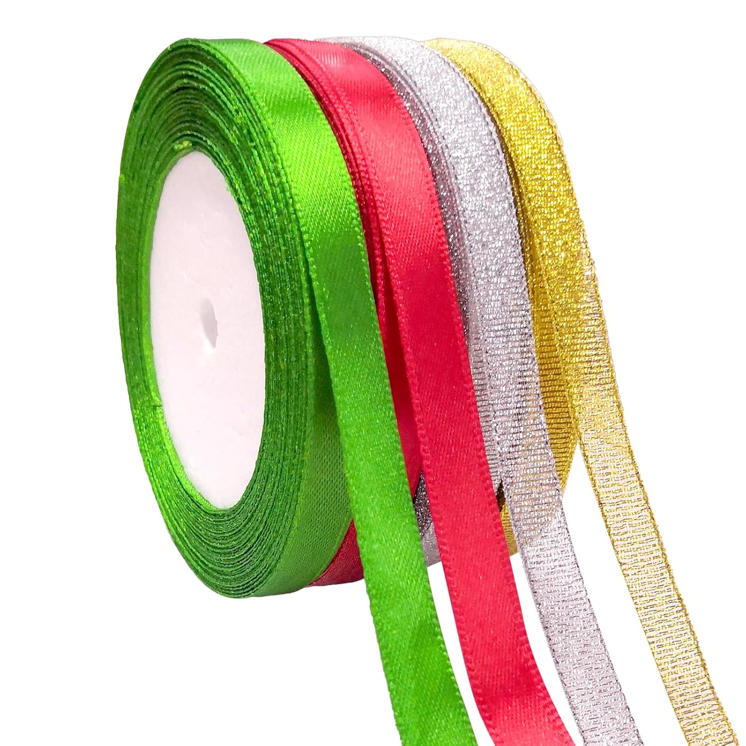 DECYOOL 4 Rolls 100 Yards Christmas Ribbons Metallic Glitter Fabric Holiday Festival Satin Ribbons 10mm Wide for Gift Wrapping Decoration