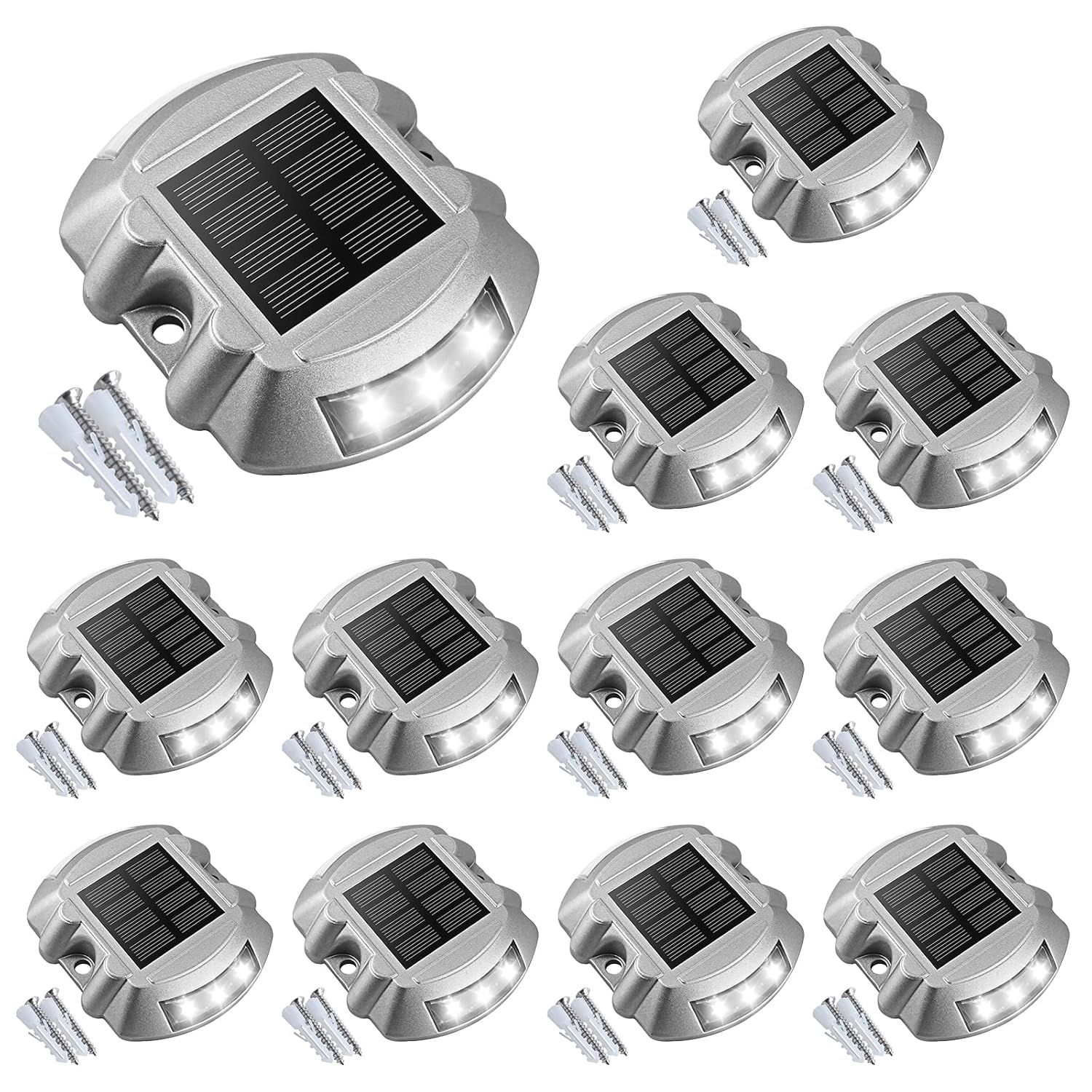 VOLISUN Solar Deck Lights Driveway Dock Lights, 12-Pack Led IP67 Waterproof Outdoor Warning Step Lights for Driveway Sidewalk Garden Pathway Yard(White)