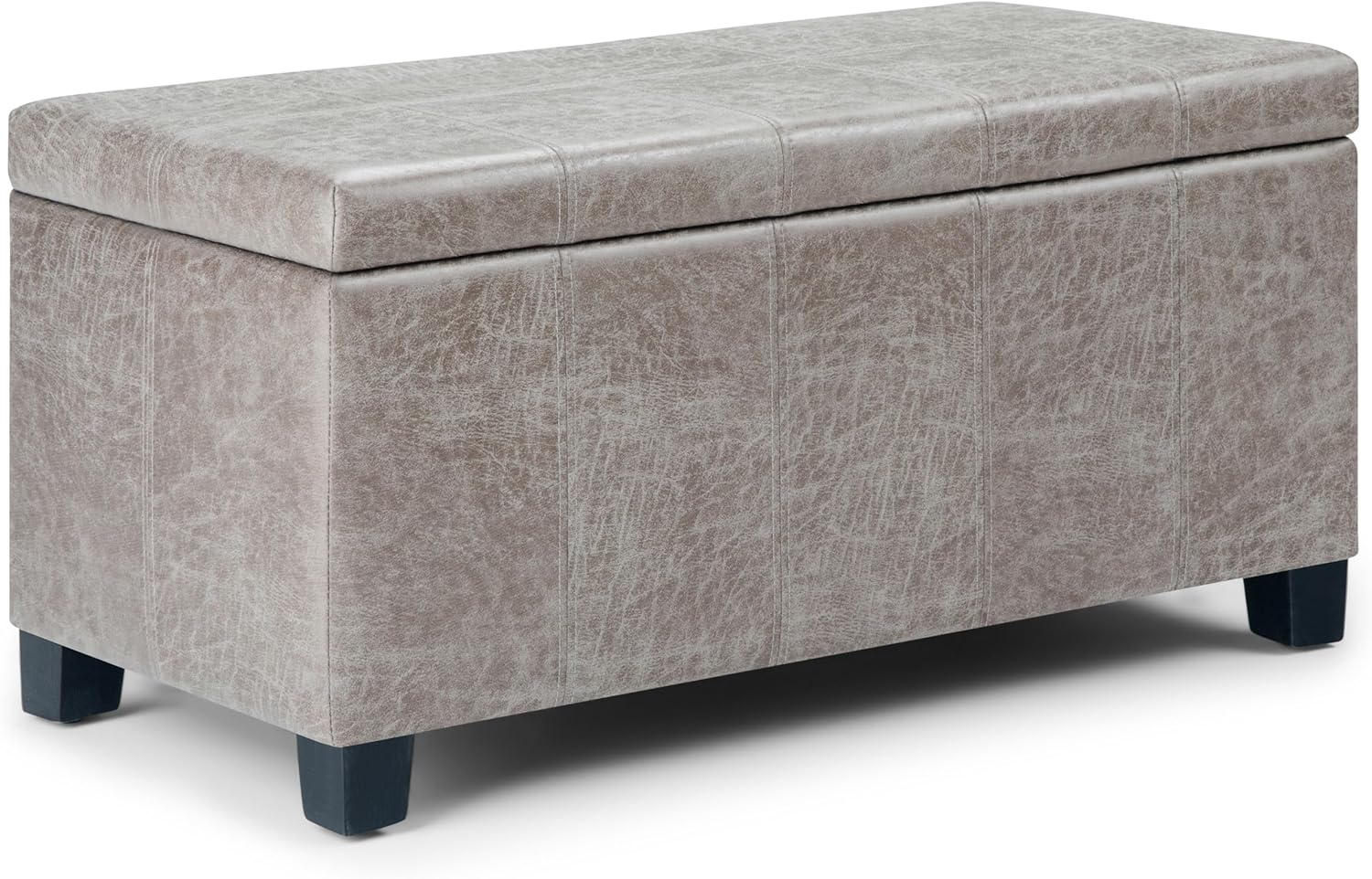Simpli Home Dover Faux Leather Storage Ottoman Bench in Gray Taupe