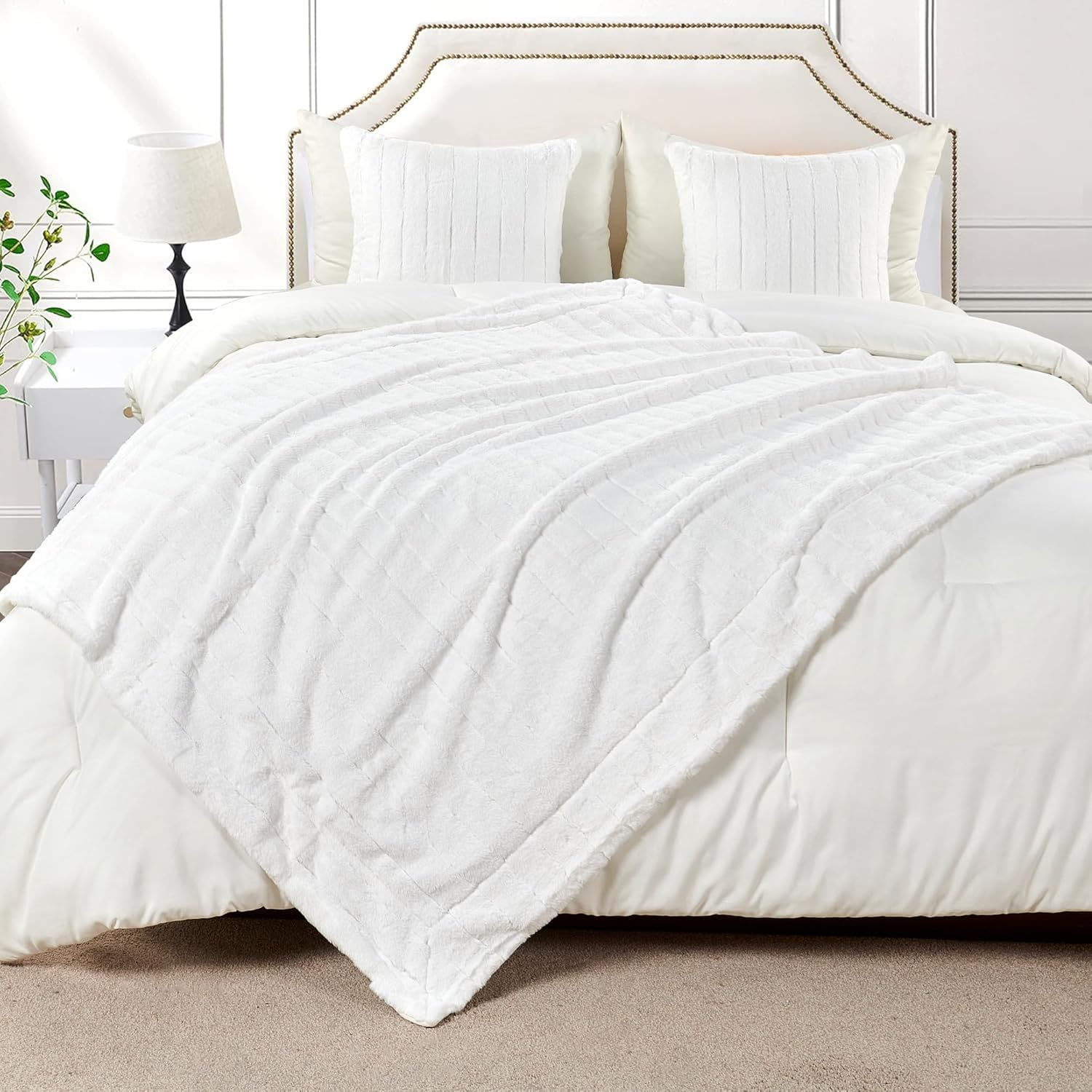 Home Soft Things Comfy Fluffy Throw & 2 Pillow Covers Combo - Bright White - 50" x 60"/18" x 18"